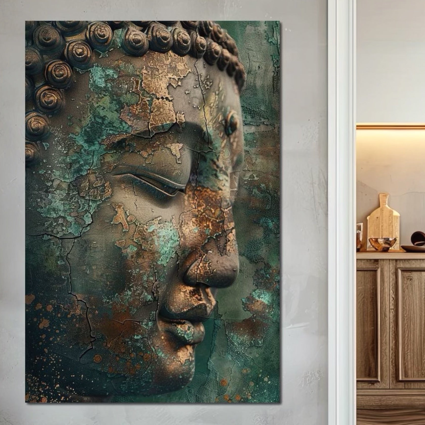 Tablou Canvas Premium LuxCanva® I133, Reflectie in Ruina, Buddha, Zen, Meditatie, Profil, Renastere, Transformare, Contemplare, Calm Profund, Crapaturi, Living, Dormitor