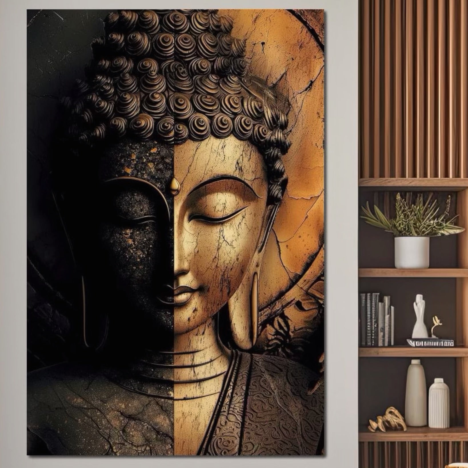 Tablou Canvas Premium, LuxCanva® I143, Lumini si Umbre, Buddha, Zen, Dualitate, Iluminare, Echilibru, Timp, Energie, Meditatie, Liniste, Gold, Marmura, Living, Dormitor
