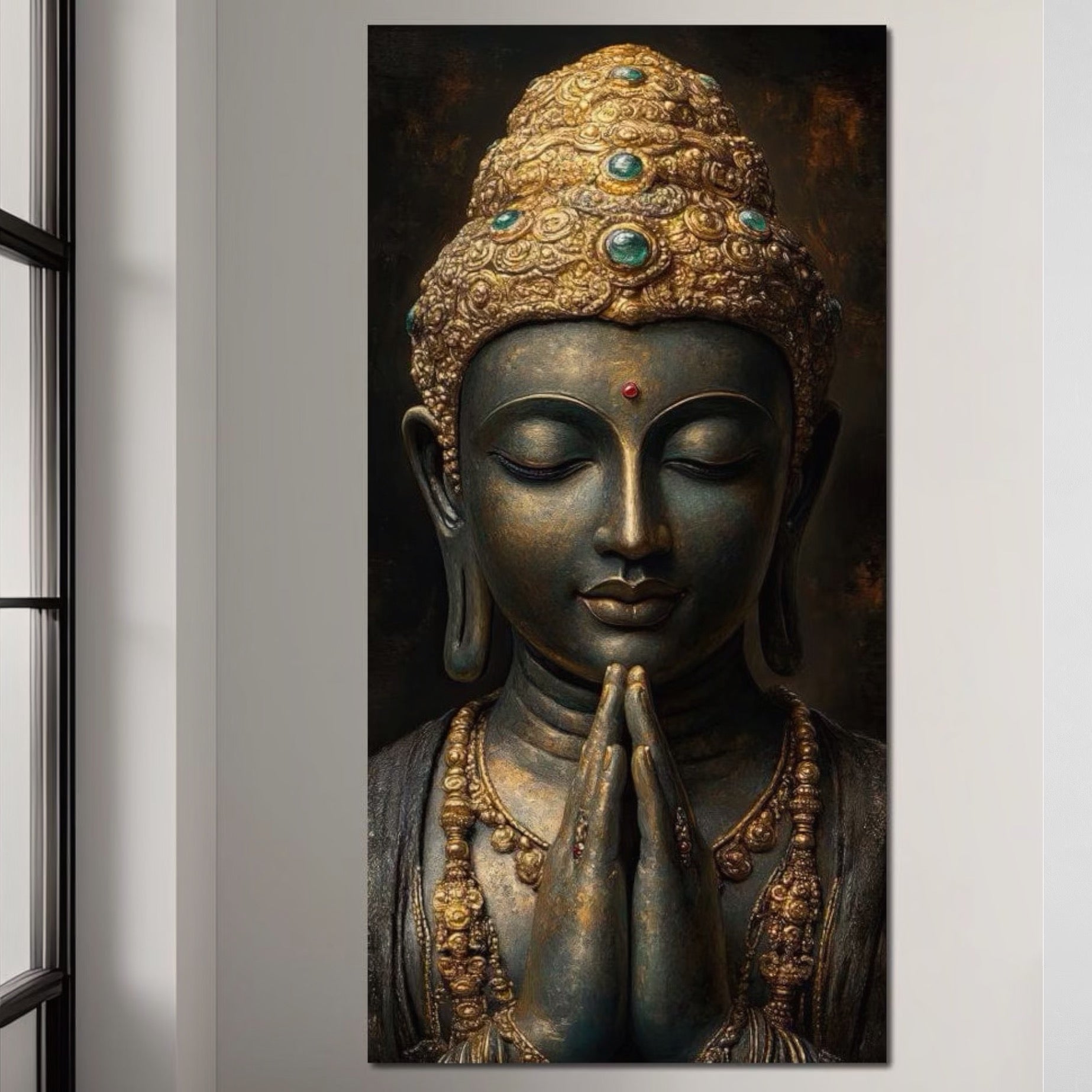 Tablou Canvas Premium, LuxCanva® I145, Rugaciune Zen, Buddha, Zen, Liniste, Intelepciune, Iluminare, Spiritualitate, Armonie, Urna, Coroana, Gold, Living, Dormitor