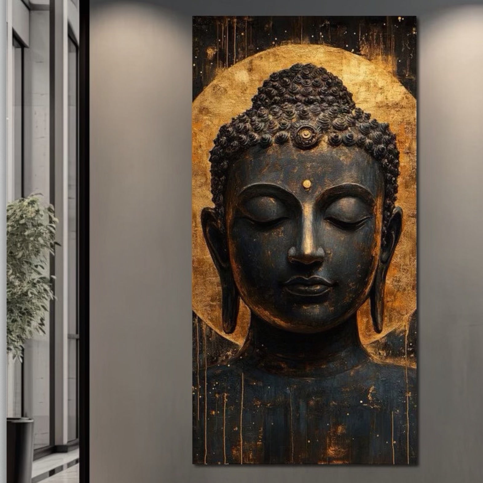 Tablou Canvas Premium LuxCanva® I146, Energie si Liniste, Buddha, Zen, Liniste, Intelepciune, Iluminare, Spiritualitate, Armonie, Urna, Aura, Foc, Gold, Living, Dormitor