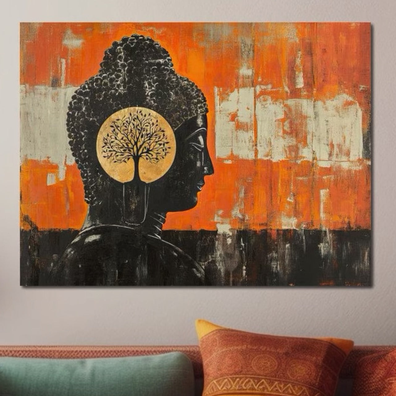 Tablou Canvas Premium, LuxCanva® I147, Pacea Mintii, Buddha, Zen, Liniste, Intelepciune, Copac, Ramuri, Profil, Arta Sacra, Meditatie, Armonie, Portocaliu, Living, Dormitor