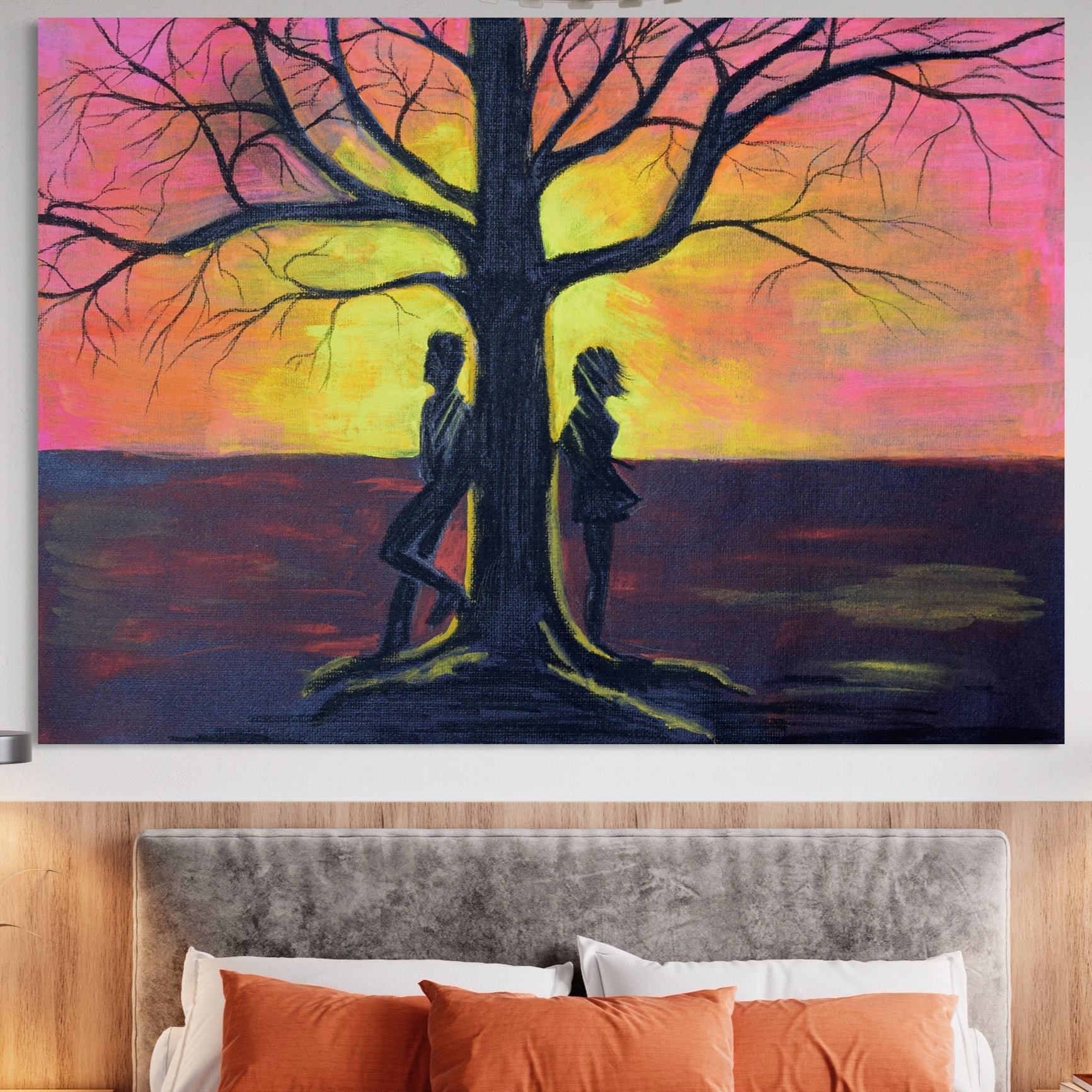 Tablou Canvas Premium LuxCanva® B1129, Cuplu La Apusul Soarelui , Apus, Copac, Living, Iubire, El Si Ea, Dormitor, Culori Vibrante