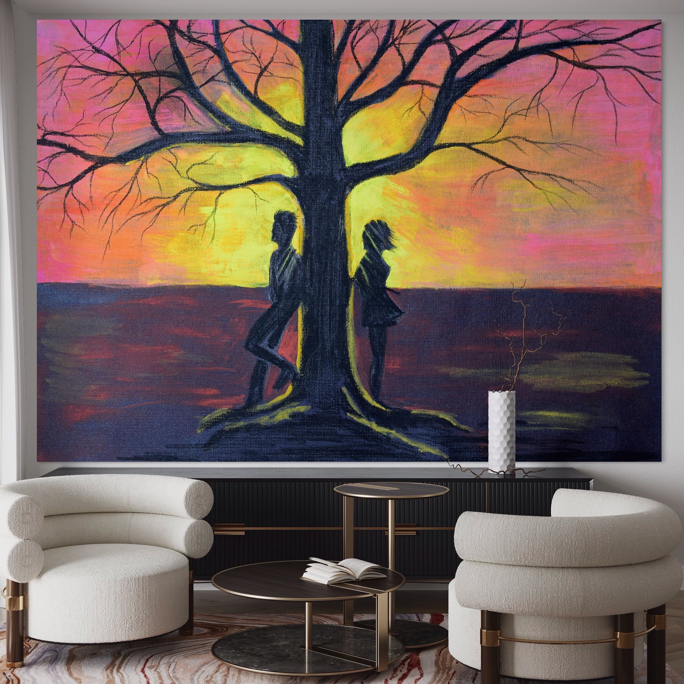 Tablou Canvas Premium LuxCanva® B1129, Cuplu La Apusul Soarelui , Apus, Copac, Living, Iubire, El Si Ea, Dormitor, Culori Vibrante