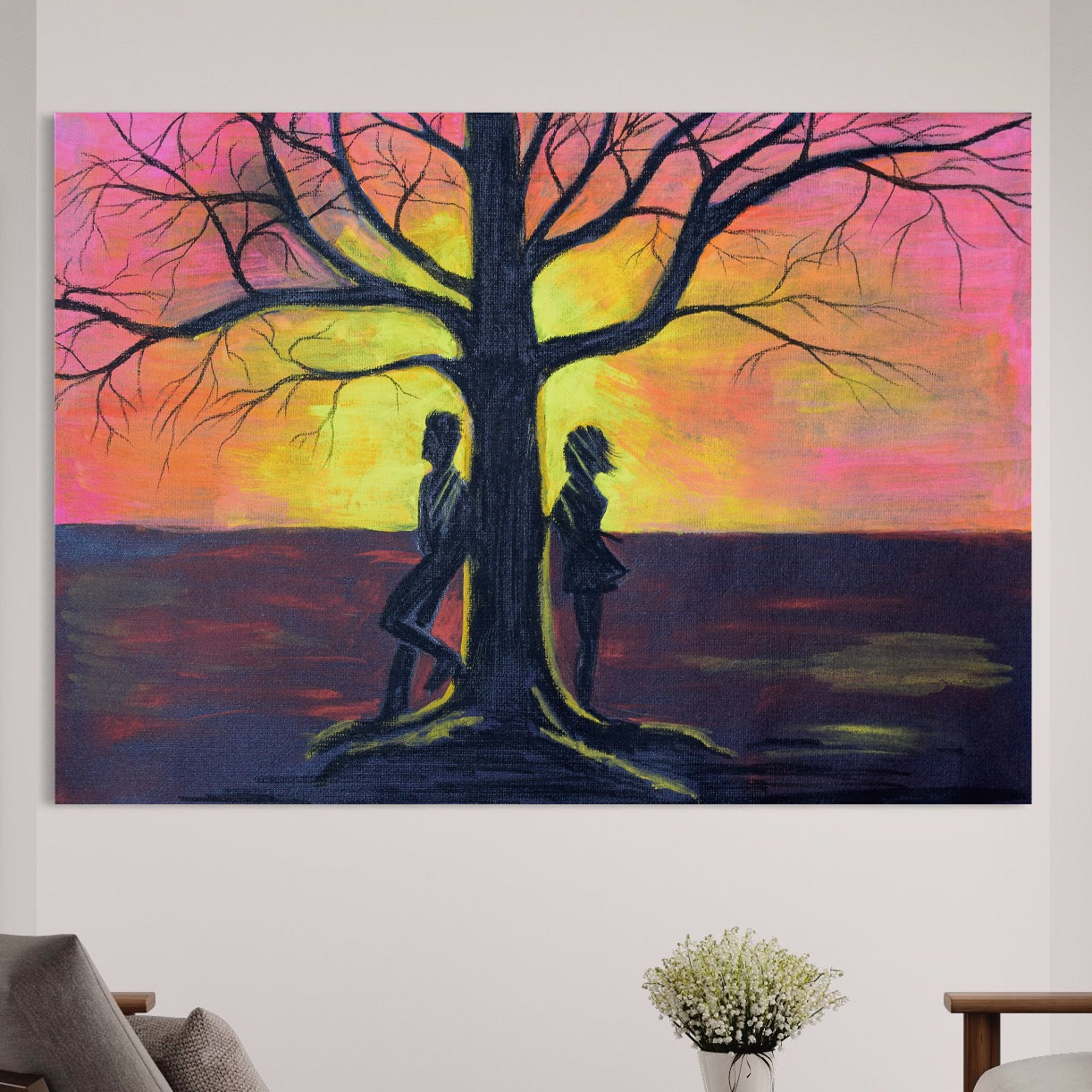 Tablou Canvas Premium LuxCanva® B1129, Cuplu La Apusul Soarelui , Apus, Copac, Living, Iubire, El Si Ea, Dormitor, Culori Vibrante