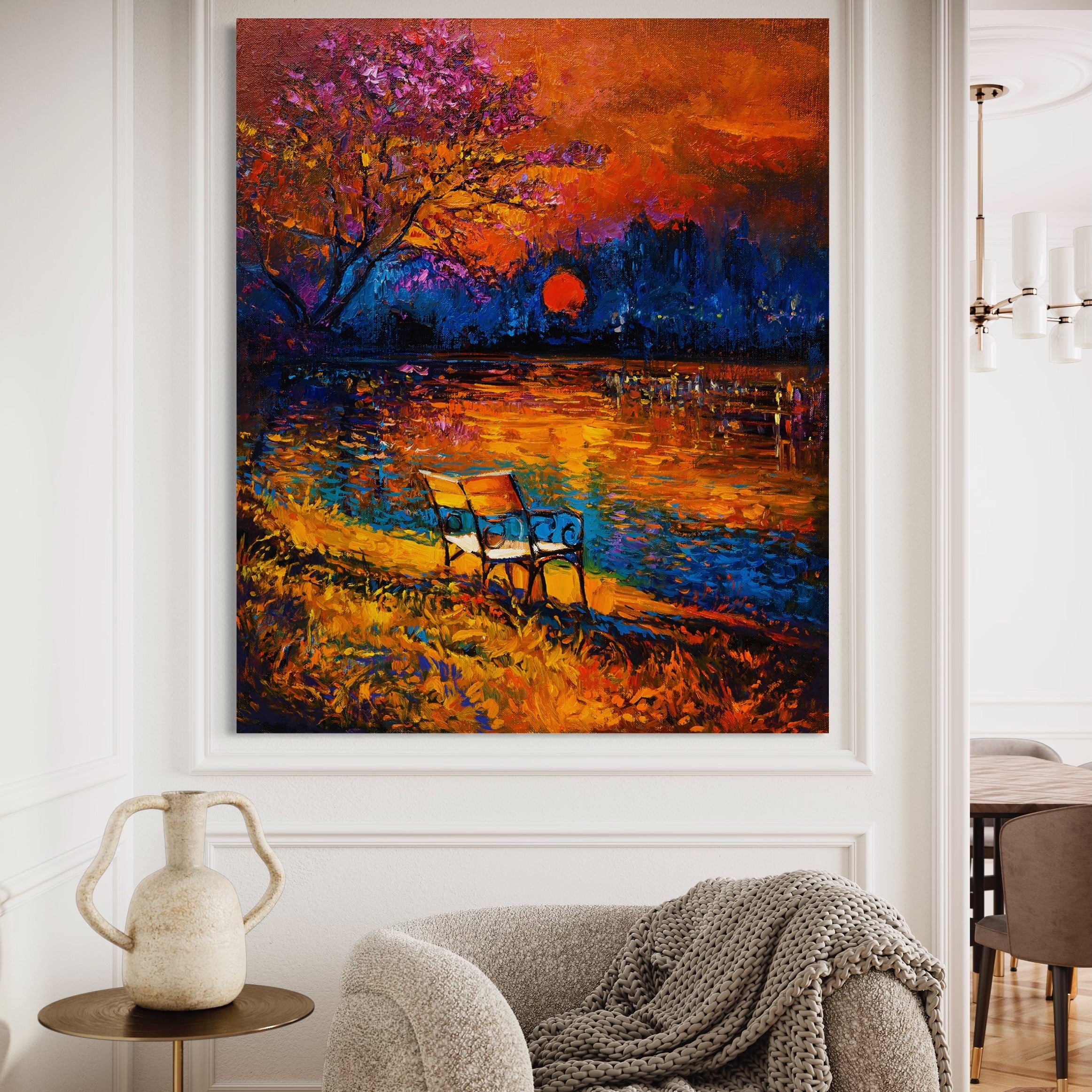 Tablou Canvas Premium LuxCanva® B1127, Apus Pe Lac , Culori, Lac, Banca, Living Room, Apus, Inspirational, Dormitor, Culori Vibrante
