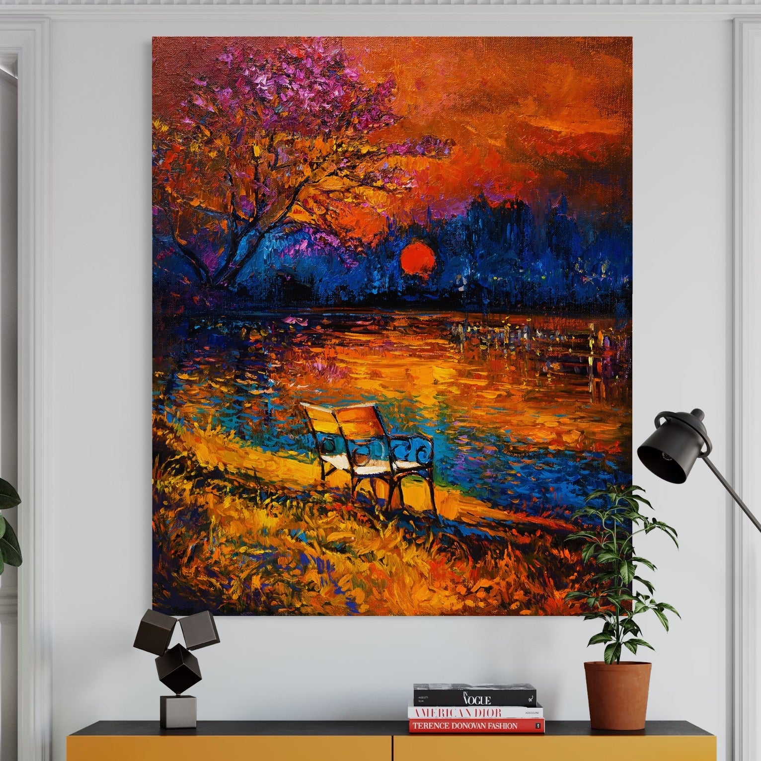 Tablou Canvas Premium LuxCanva® B1127, Apus Pe Lac , Culori, Lac, Banca, Living Room, Apus, Inspirational, Dormitor, Culori Vibrante