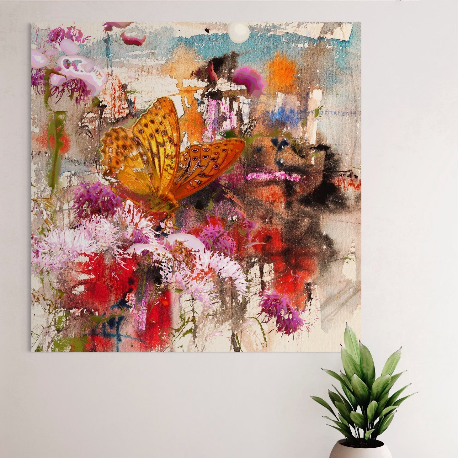 Tablou Canvas Premium LuxCanva® B1121, Flori Si Fluturi ,  Culori, Living, Flori, Mireasma, Dormitor, Fluture, Primavara, Culori Vibrante