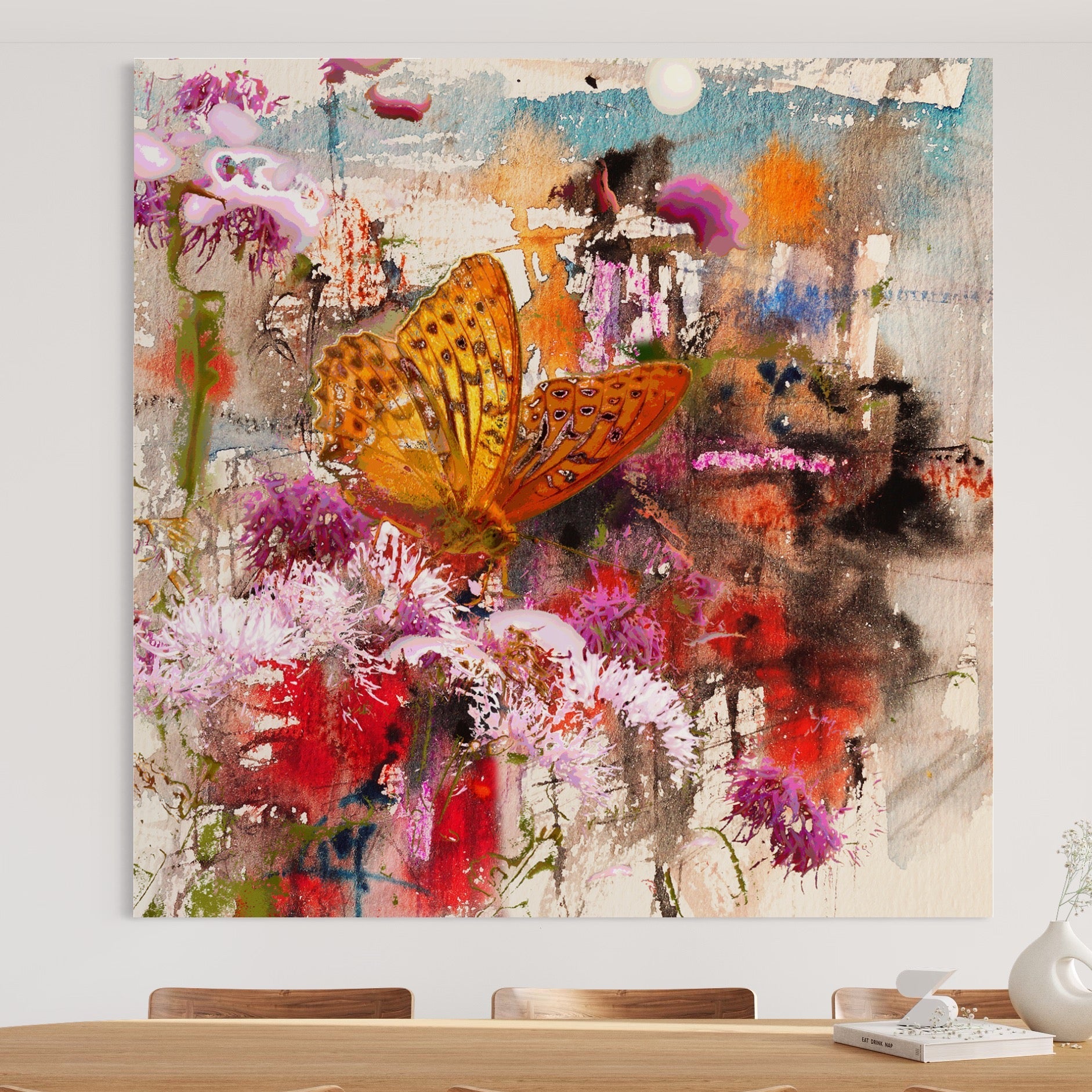 Tablou Canvas Premium LuxCanva® B1121, Flori Si Fluturi ,  Culori, Living, Flori, Mireasma, Dormitor, Fluture, Primavara, Culori Vibrante