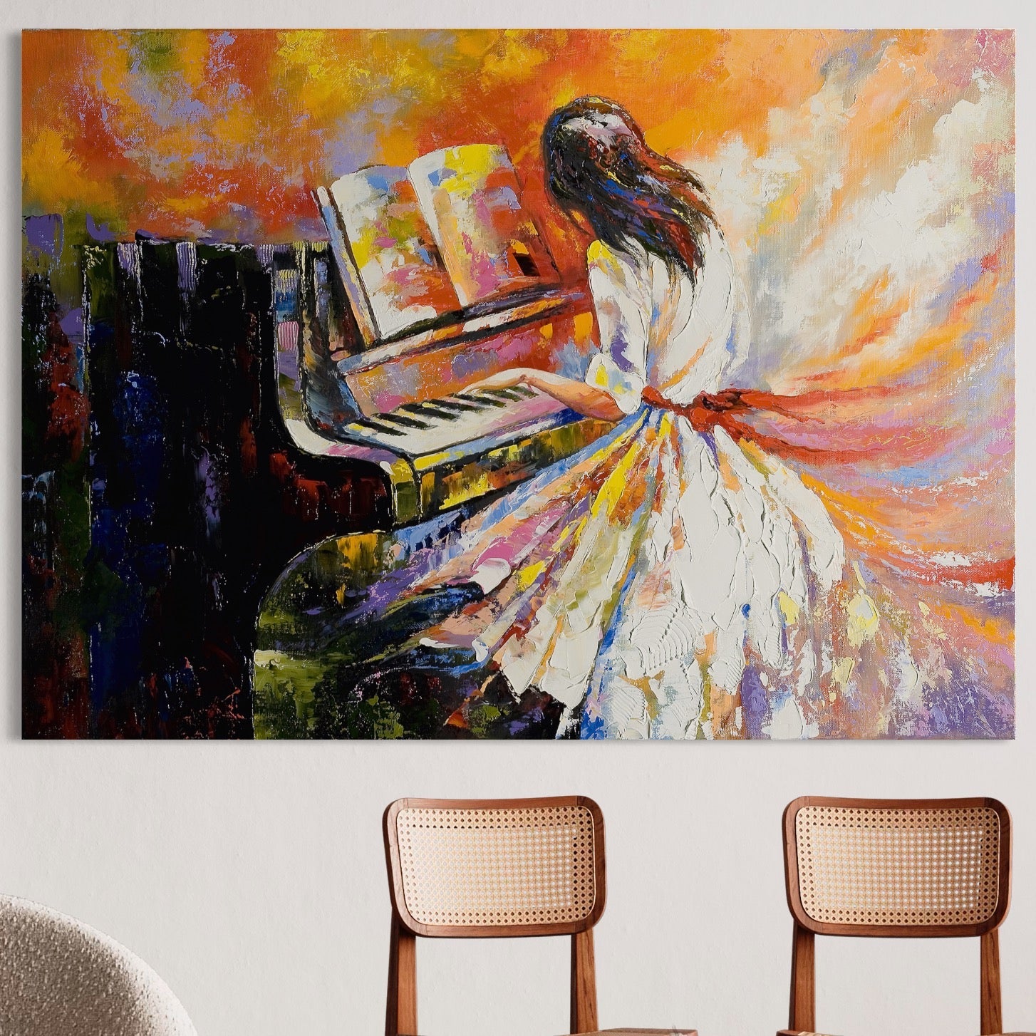 Tablou Canvas Premium LuxCanva® B1114, Fata Cantand La Pian , Muzica, Pian, Living, Portativ, Dormitor, Clape, Culori Vibrante