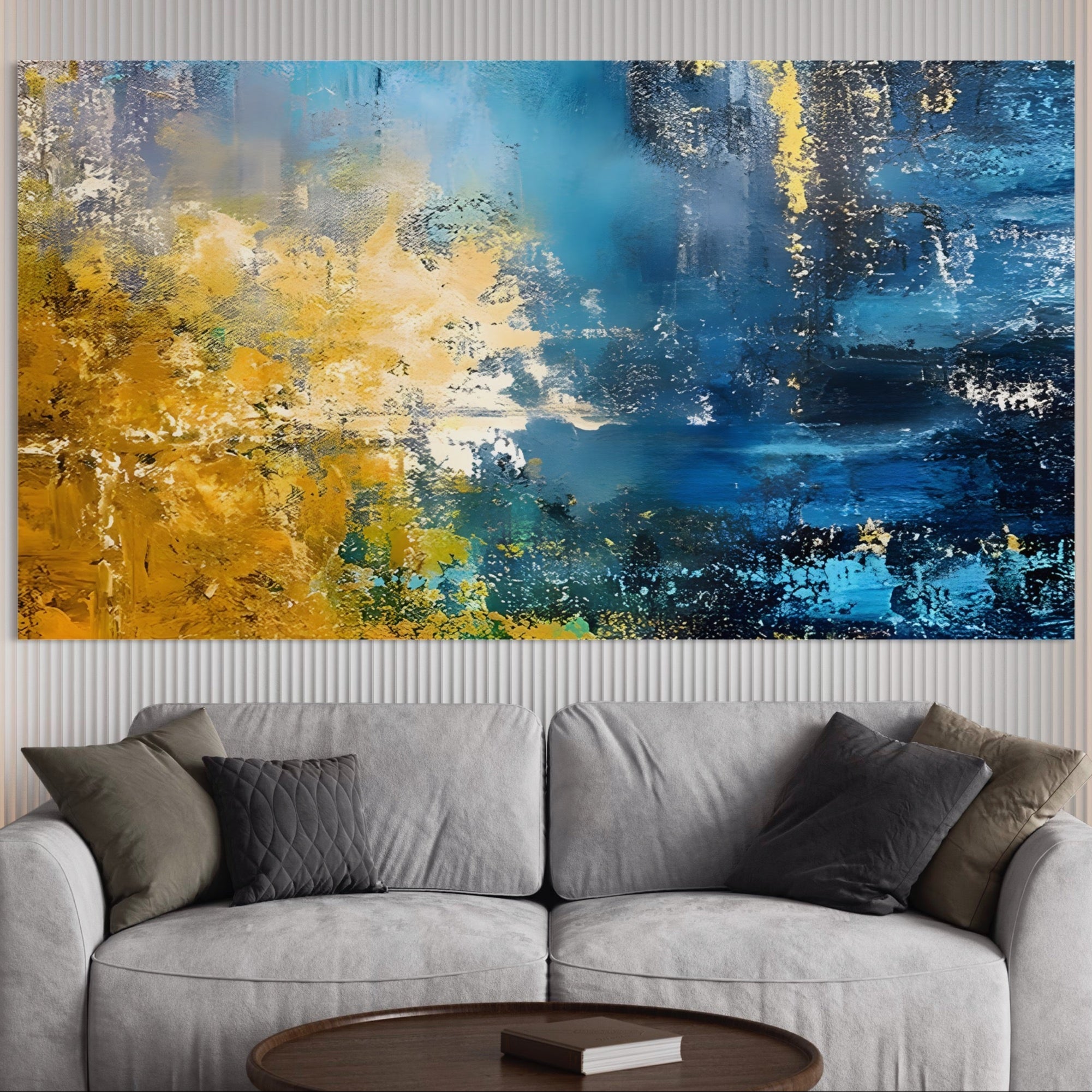 Tablou Canvas Premium LuxCanva® B1104, Mare Abstracta , Living, Liniste, Foite Aurii, Albastru, Decor, Mare, Apa, Culori Vibrante