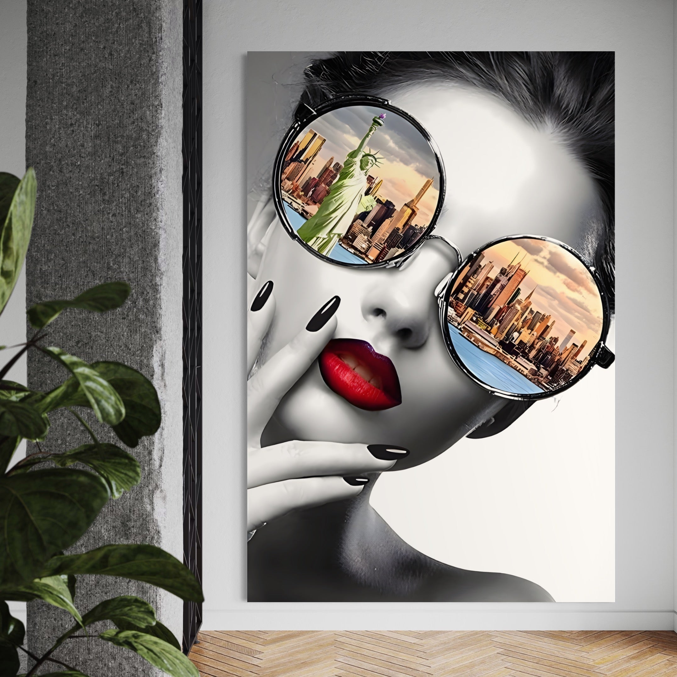 Tablou Canvas Premium LuxCanva® B1103, Privind Spre New York , Birou, America, Statuia Libertatii, Dormitor, Vacanta, Ochelari, Zgarie Nori, Culori Vibrante