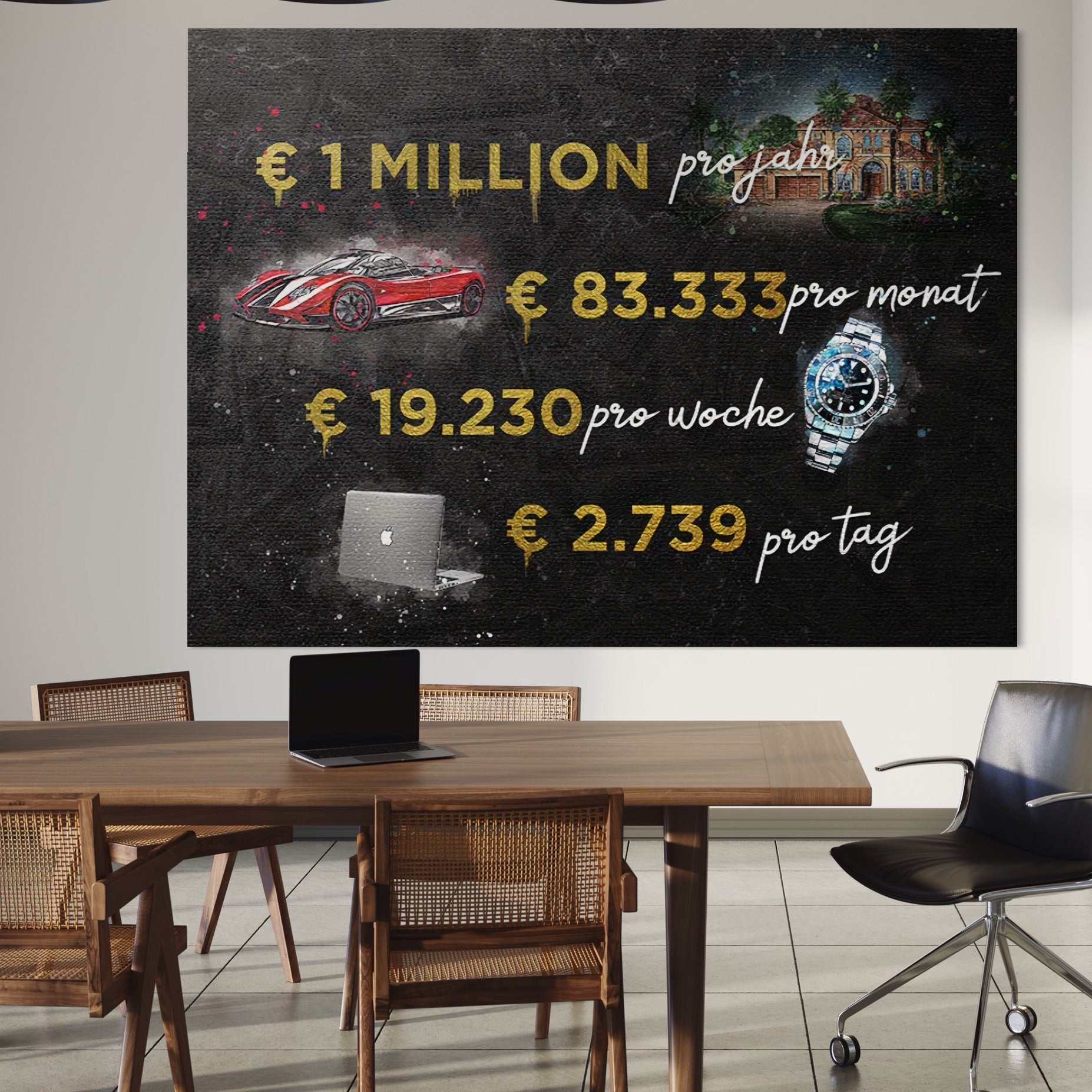 Tablou Canvas Premium LuxCanva® B1100, Viata De Milionar ,  Birou, Trai, Bogatie, Dolari, Rolex, Milionar, Masina De Lux, Rosu, Culori Vibrante