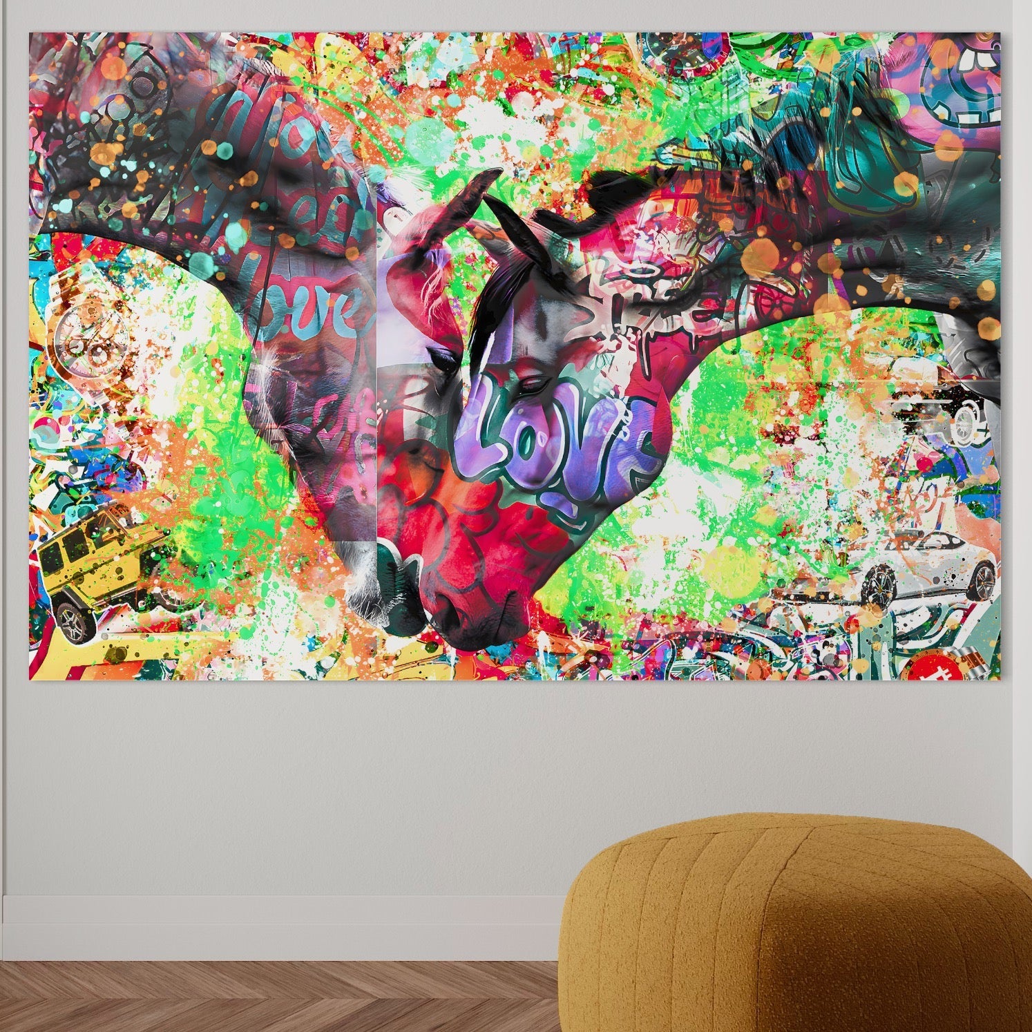 Tablou Canvas Premium LuxCanva® B1098, Cai Conectati Prin Iubire , Living, Cai, Graffiti, Iubire, Birou, Pop Art, Culori Vibrante