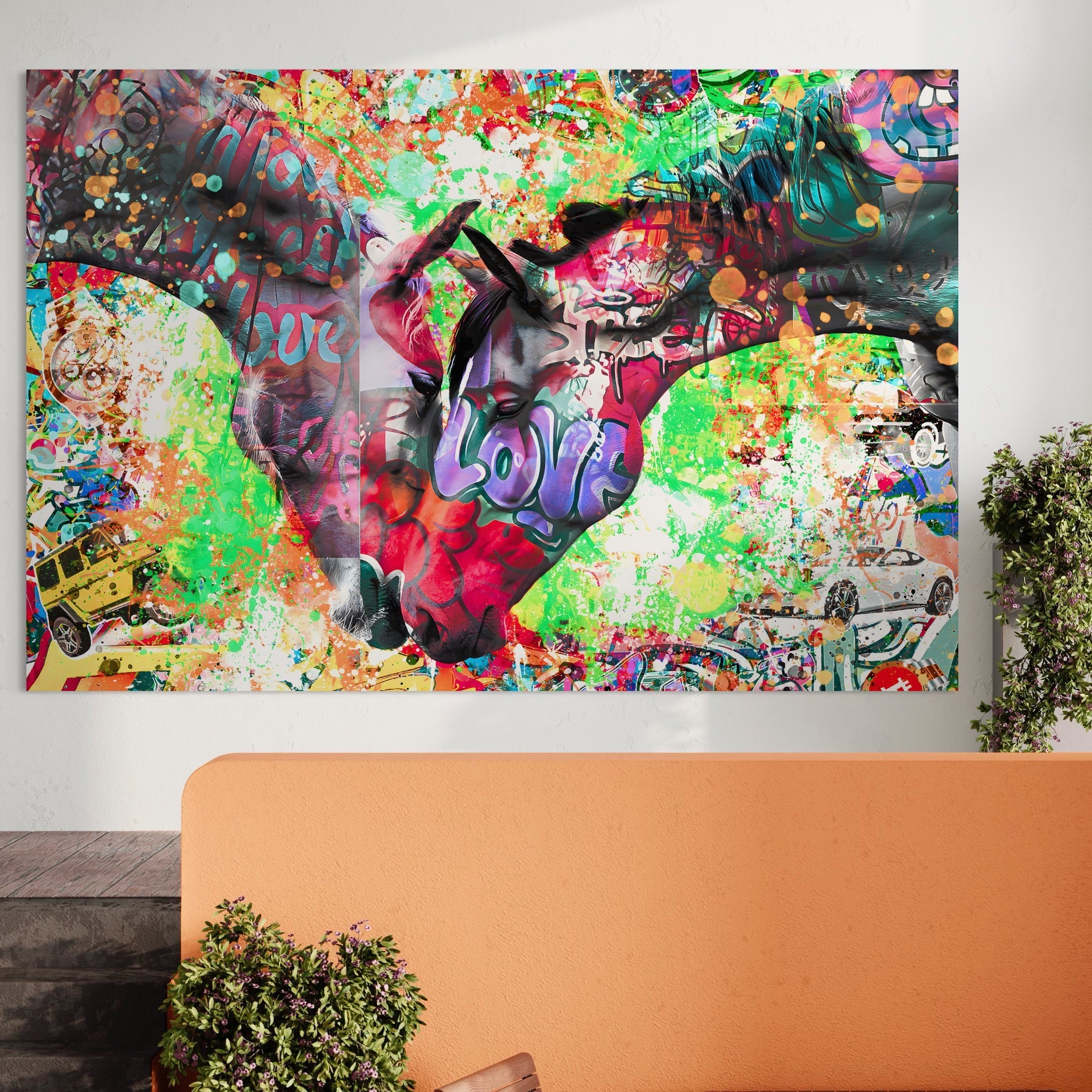 Tablou Canvas Premium LuxCanva® B1098, Cai Conectati Prin Iubire , Living, Cai, Graffiti, Iubire, Birou, Pop Art, Culori Vibrante