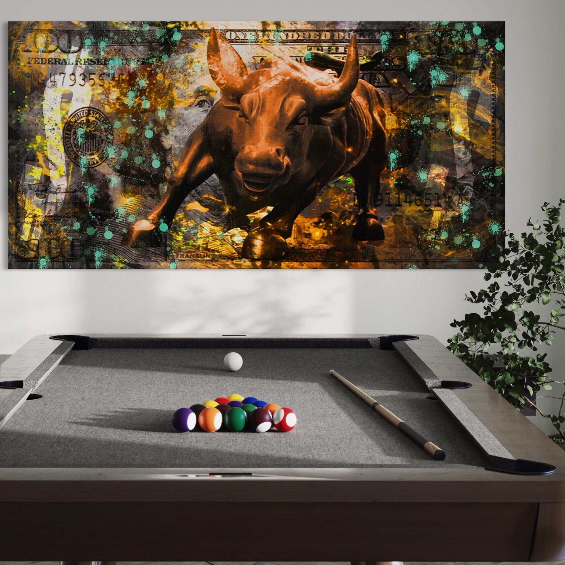 Tablou Canvas Premium LuxCanva® B1096, Dollar Bull , Birou, Taur, Bancnota, Dolar, Bar, Culori Vibrante