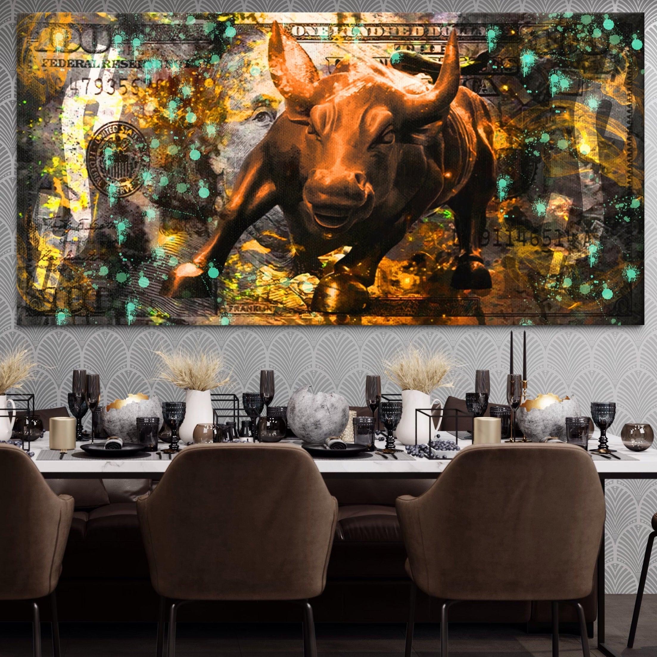 Tablou Canvas Premium LuxCanva® B1096, Dollar Bull , Birou, Taur, Bancnota, Dolar, Bar, Culori Vibrante