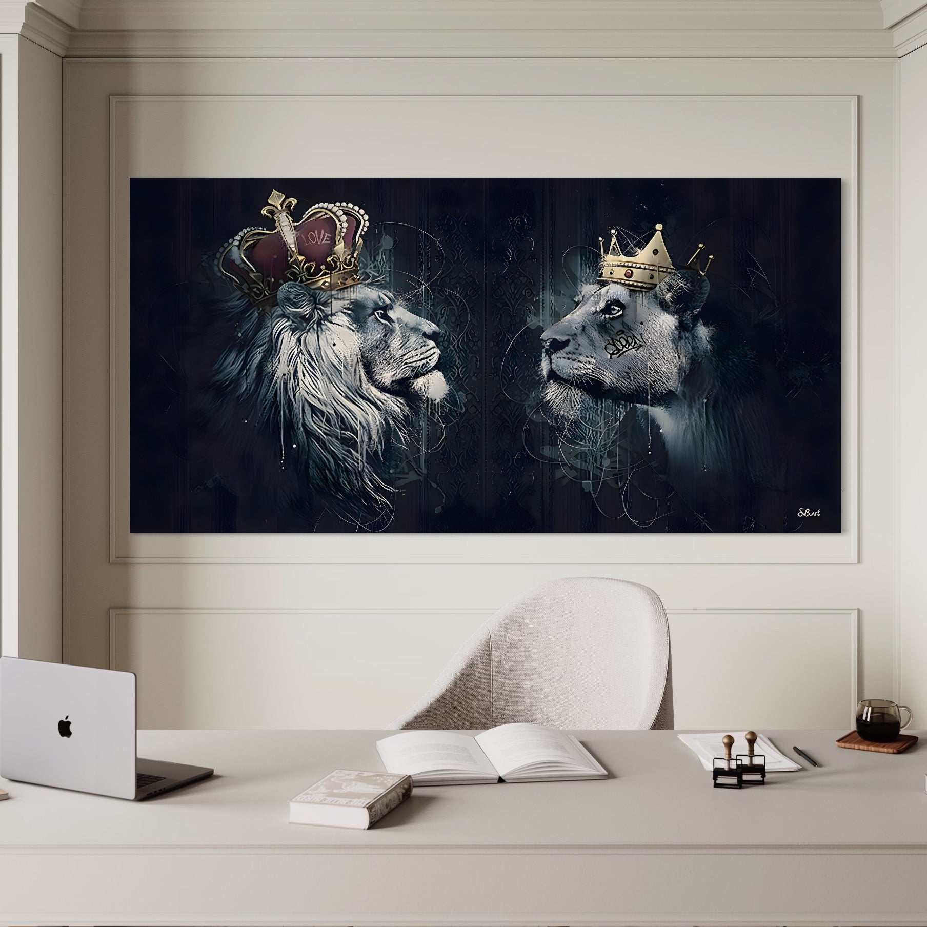 Tablou Canvas Premium LuxCanva® B1091, Leu Si Leoaica , Living, Familie, Portret, Leu, Leoaica, Dormitor, Safari, Coroana, Negru Si Auriu