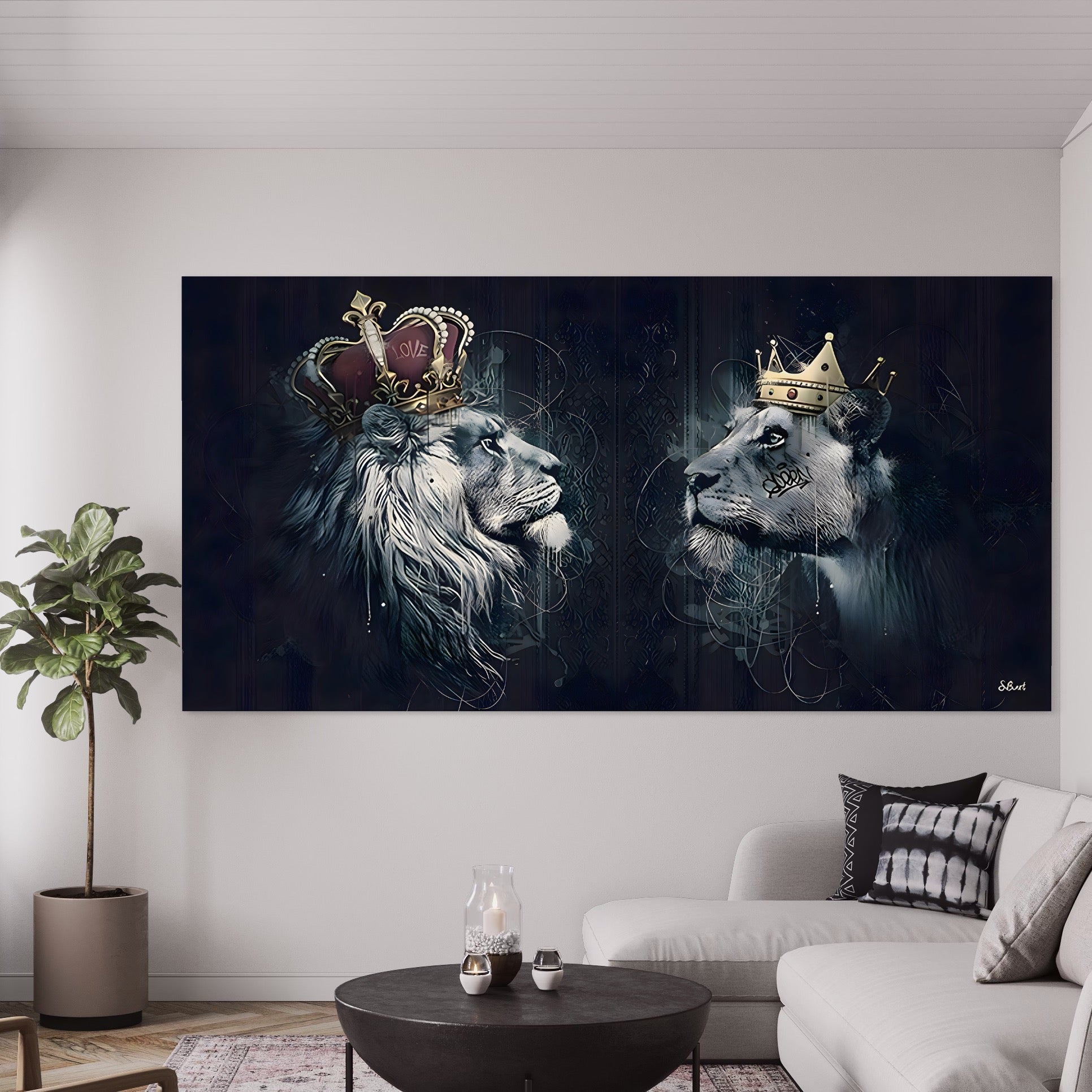 Tablou Canvas Premium LuxCanva® B1091, Leu Si Leoaica , Living, Familie, Portret, Leu, Leoaica, Dormitor, Safari, Coroana, Negru Si Auriu