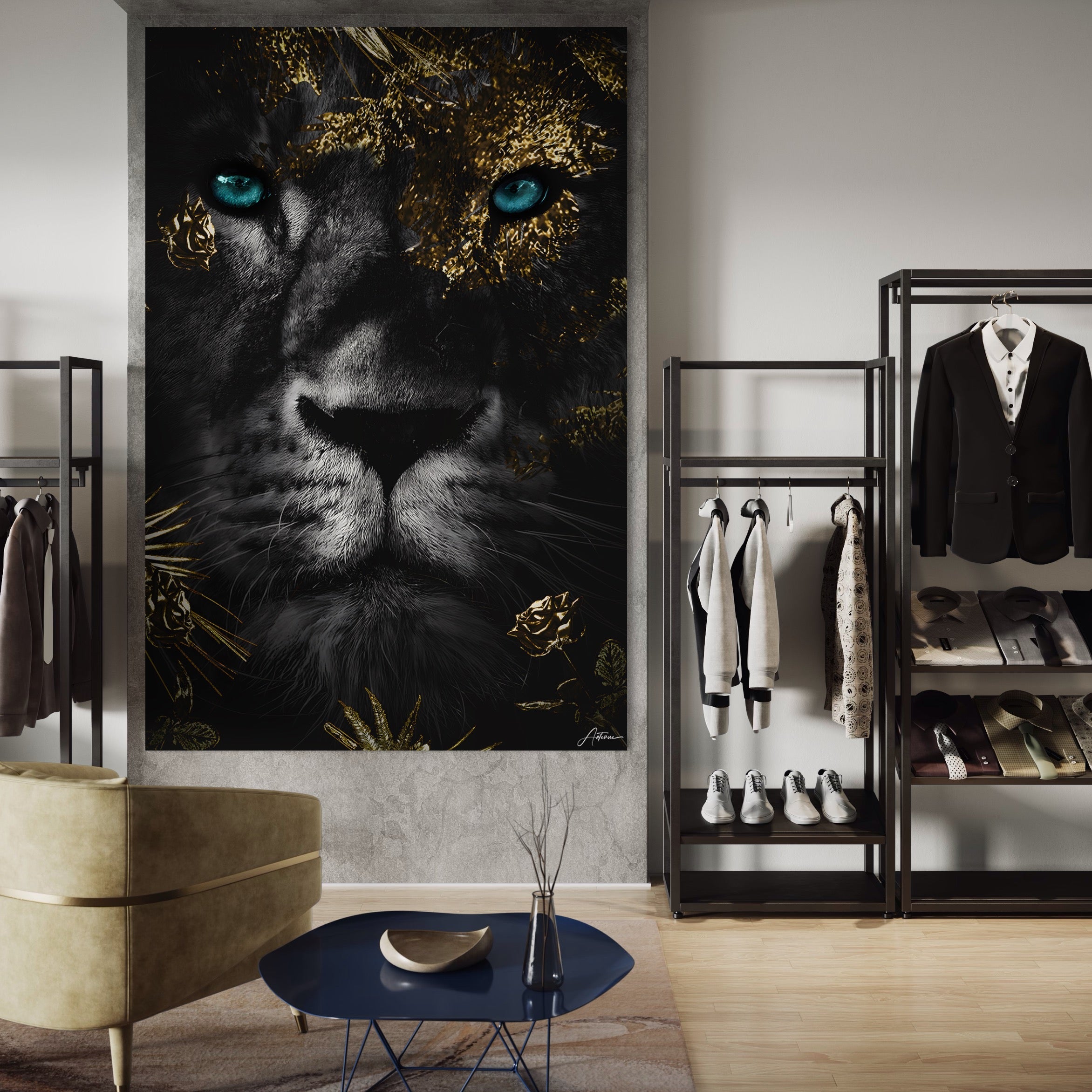 Tablou Canvas Premium LuxCanva® B1089, Frumusetea Leului Cu Ochi Albastrii , Birou, Leu, Rege, Savana, Living, Albastru, Negru, Auriu