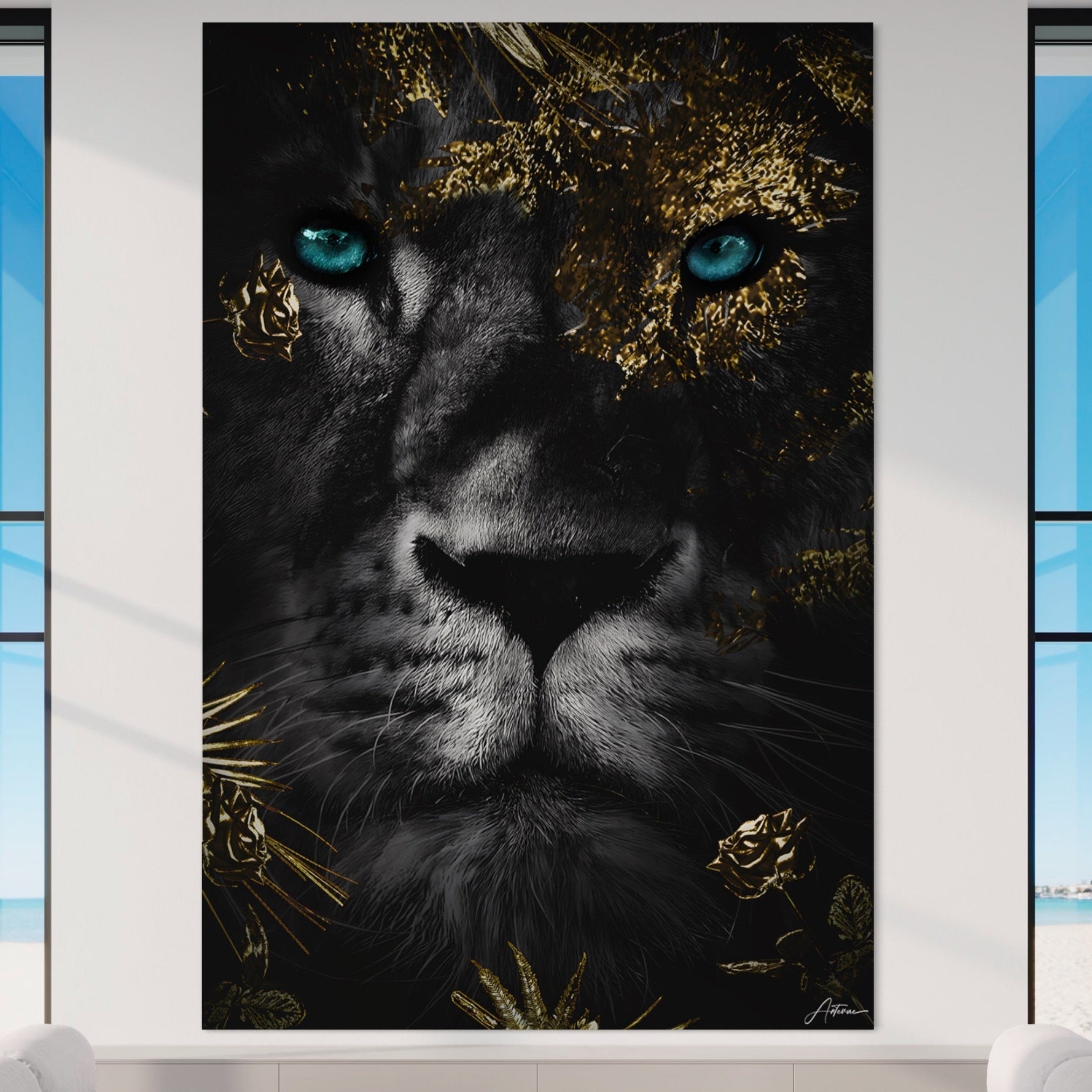 Tablou Canvas Premium LuxCanva® B1089, Frumusetea Leului Cu Ochi Albastrii , Birou, Leu, Rege, Savana, Living, Albastru, Negru, Auriu