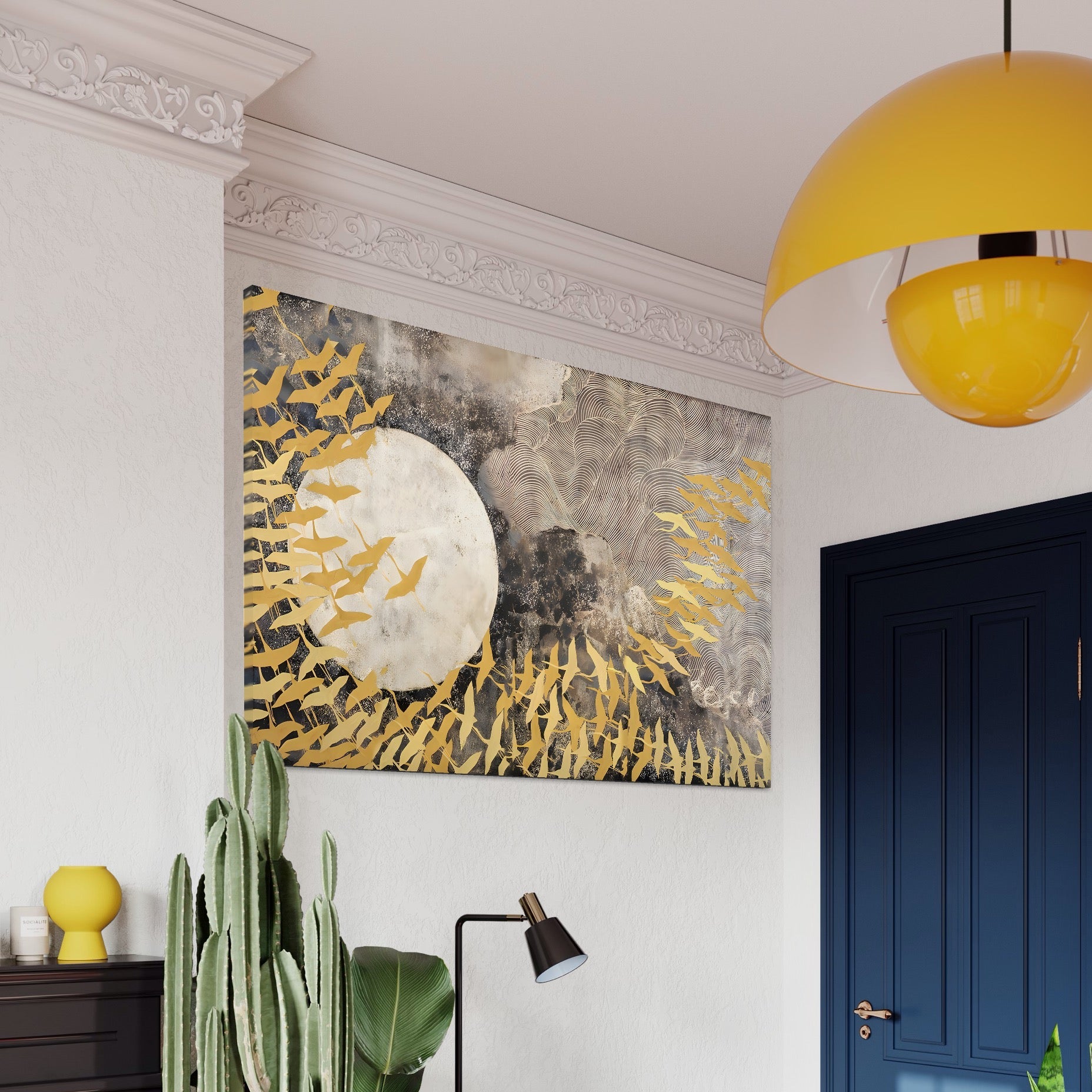 Tablou Canvas Premium LuxCanva® B1087, Marea migratie , Living, Pasari, Auriu, Corp Ceresc, Calatorie, Dormitor, Auriu