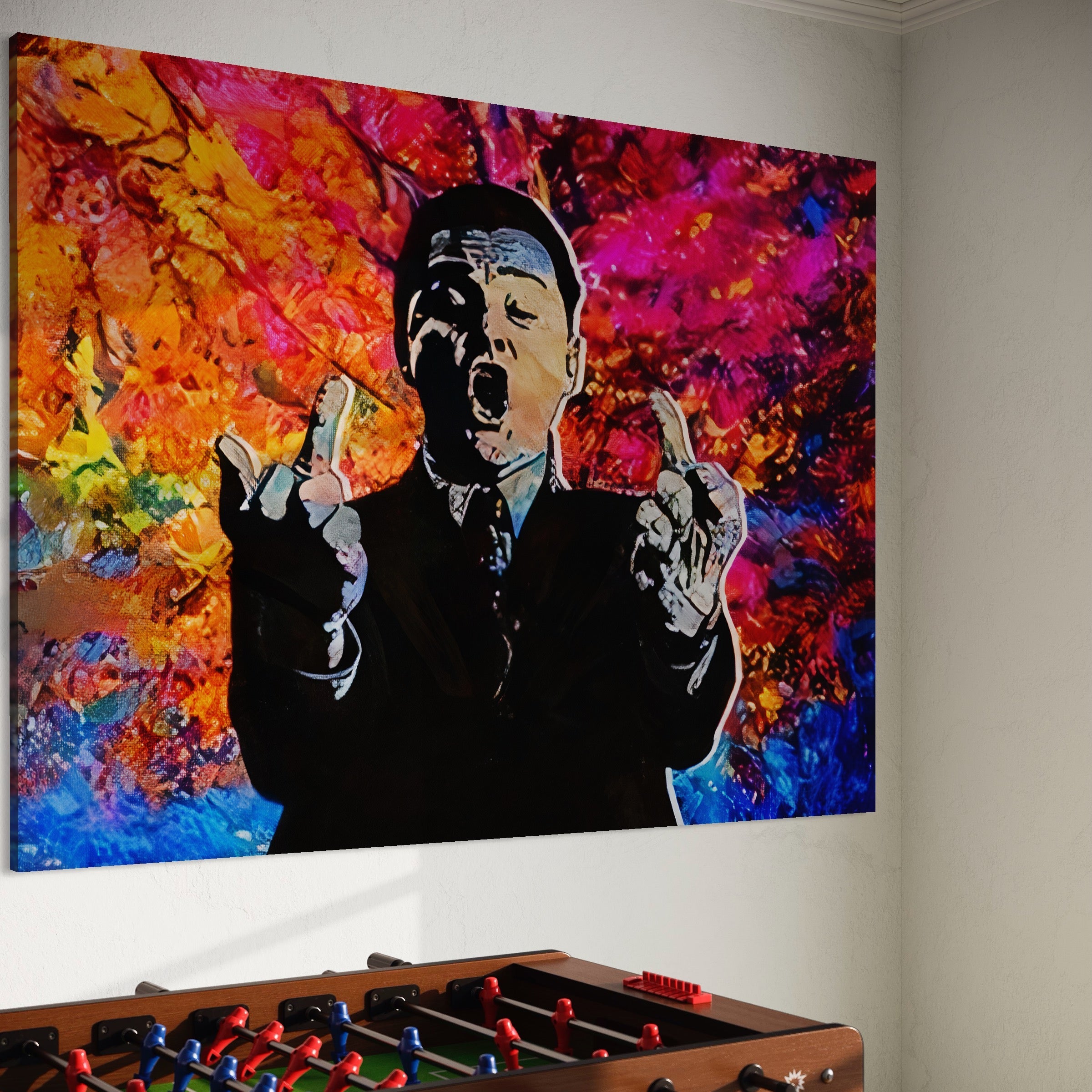 Tablou Canvas Premium LuxCanva® B1085, Middle Fingers the Wolf of Wall Street ,  Living, Leonardo DiCaprio, Film, Birou, Actor, Cinefil, Decor, Pop Art, Culori Vibrante