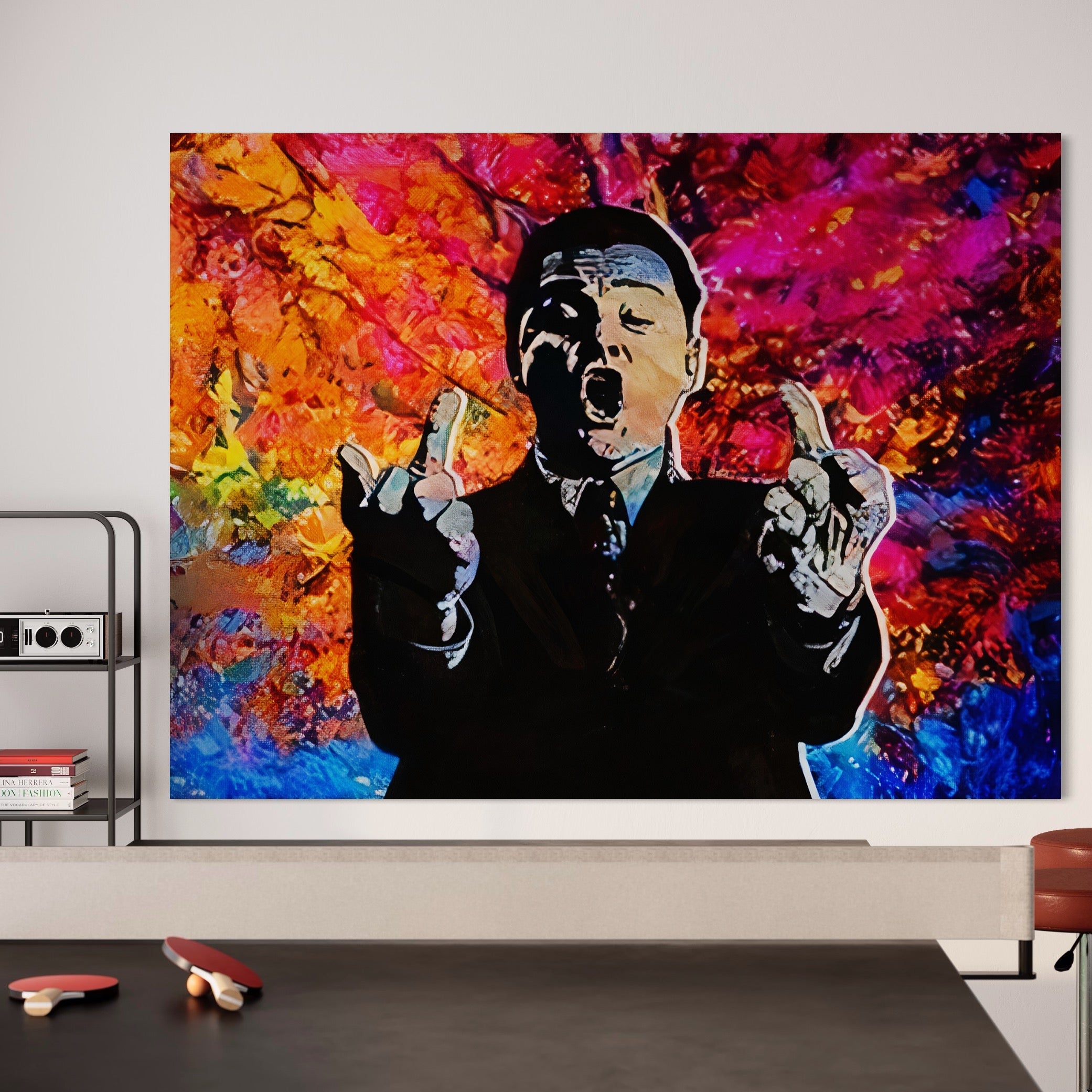 Tablou Canvas Premium LuxCanva® B1085, Middle Fingers the Wolf of Wall Street ,  Living, Leonardo DiCaprio, Film, Birou, Actor, Cinefil, Decor, Pop Art, Culori Vibrante