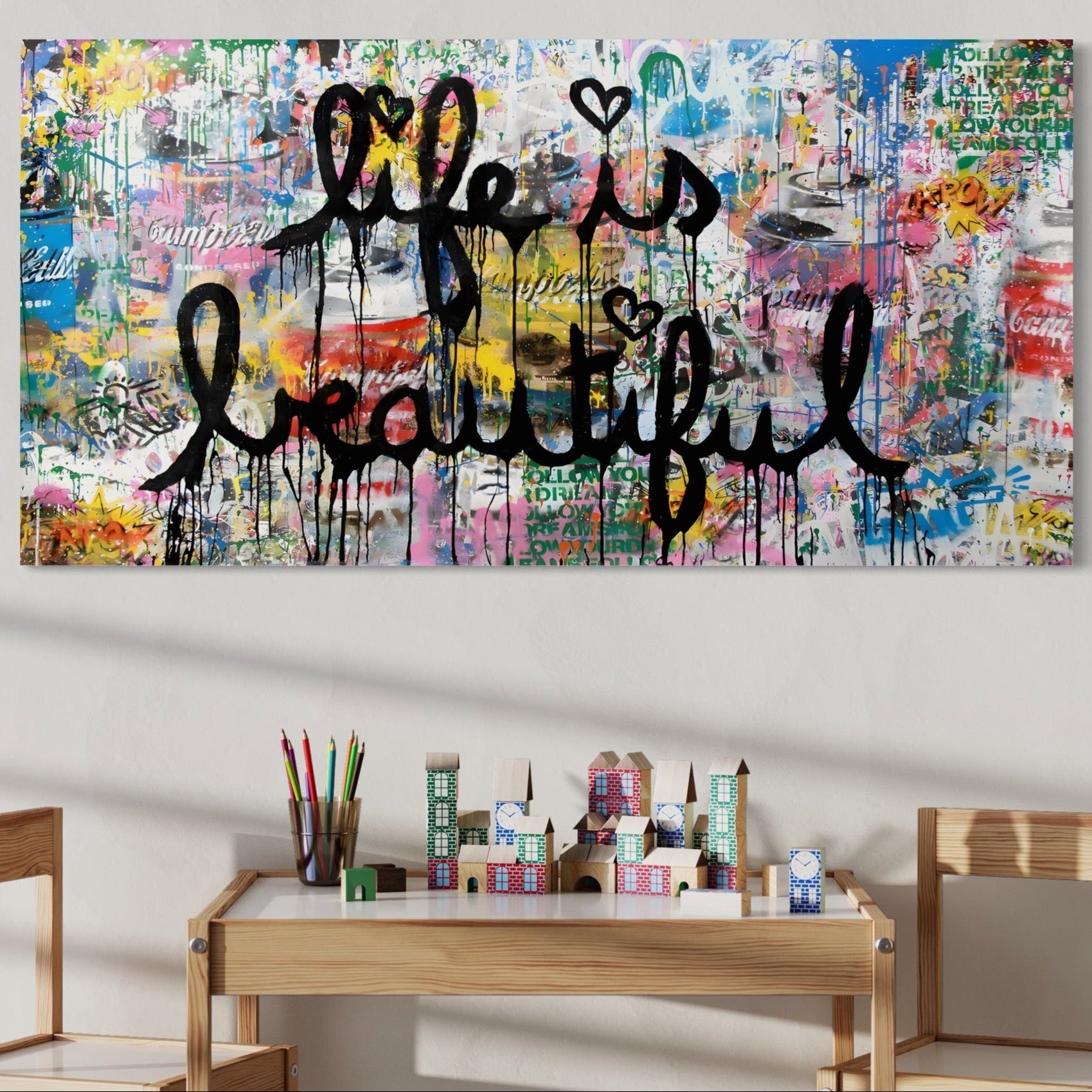 Tablou Canvas Premium LuxCanva® B1077, Life Is Beautiful , Decorativ, Living, Viata, Frumoasa, Motivational, Dormitor, Inspirational, Fericire, Culori Vibrante