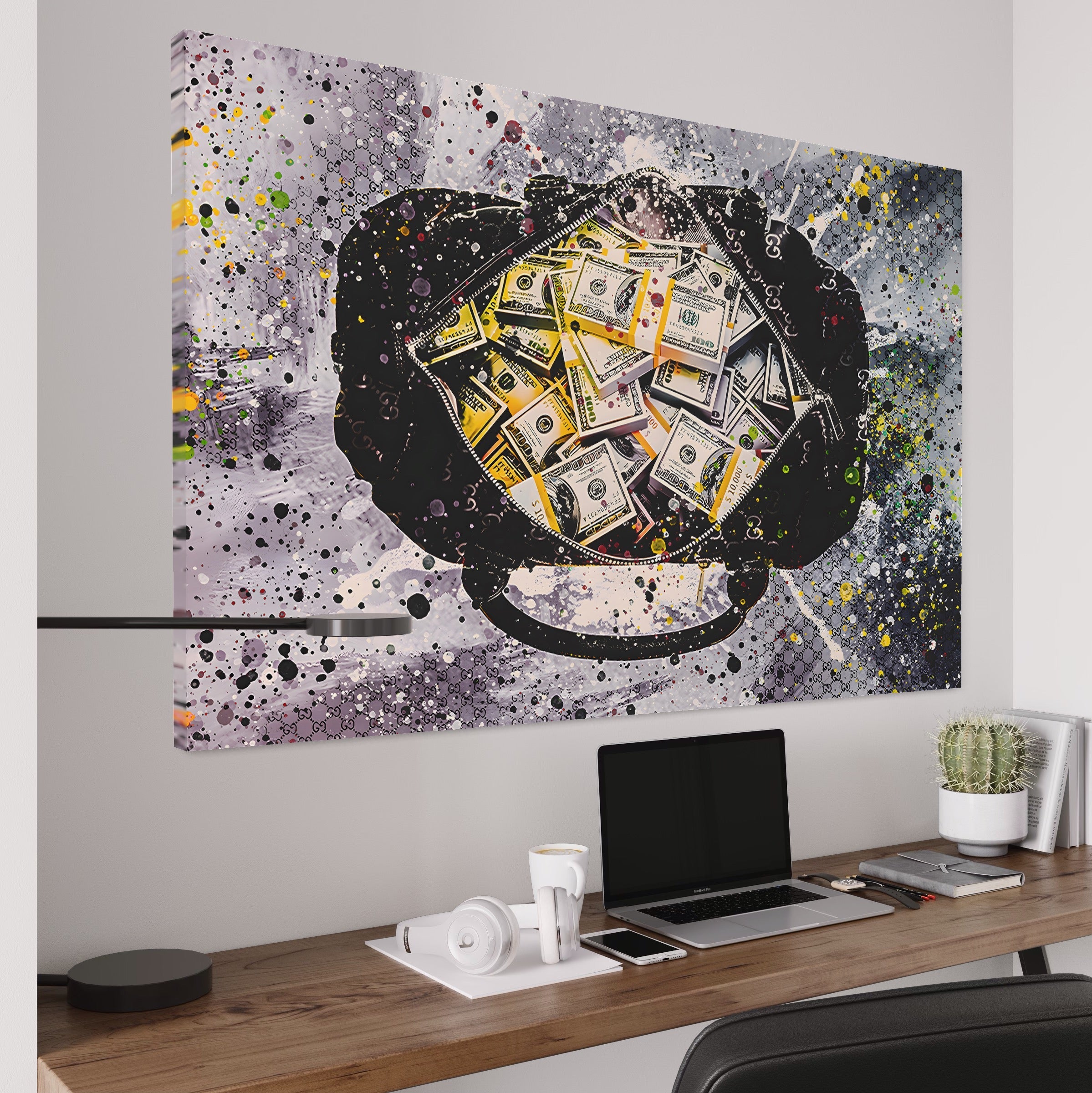 Tablou Canvas Premium LuxCanva® B1067, Hard Work Pays Off , Decorativ, Birou, Dolari, Bani, Valiza, Dormitor, Gucci, Colorat