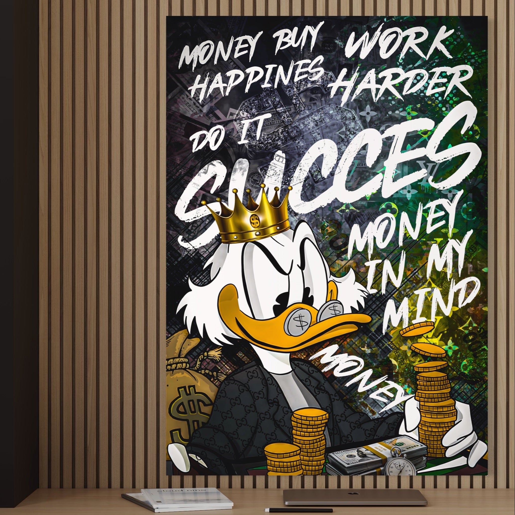 Tablou Canvas Premium LuxCanva® B1069, Work Harder , Decorativ, Birou, Donald, Bani, Succes, Dolari, Motivational, Colorat