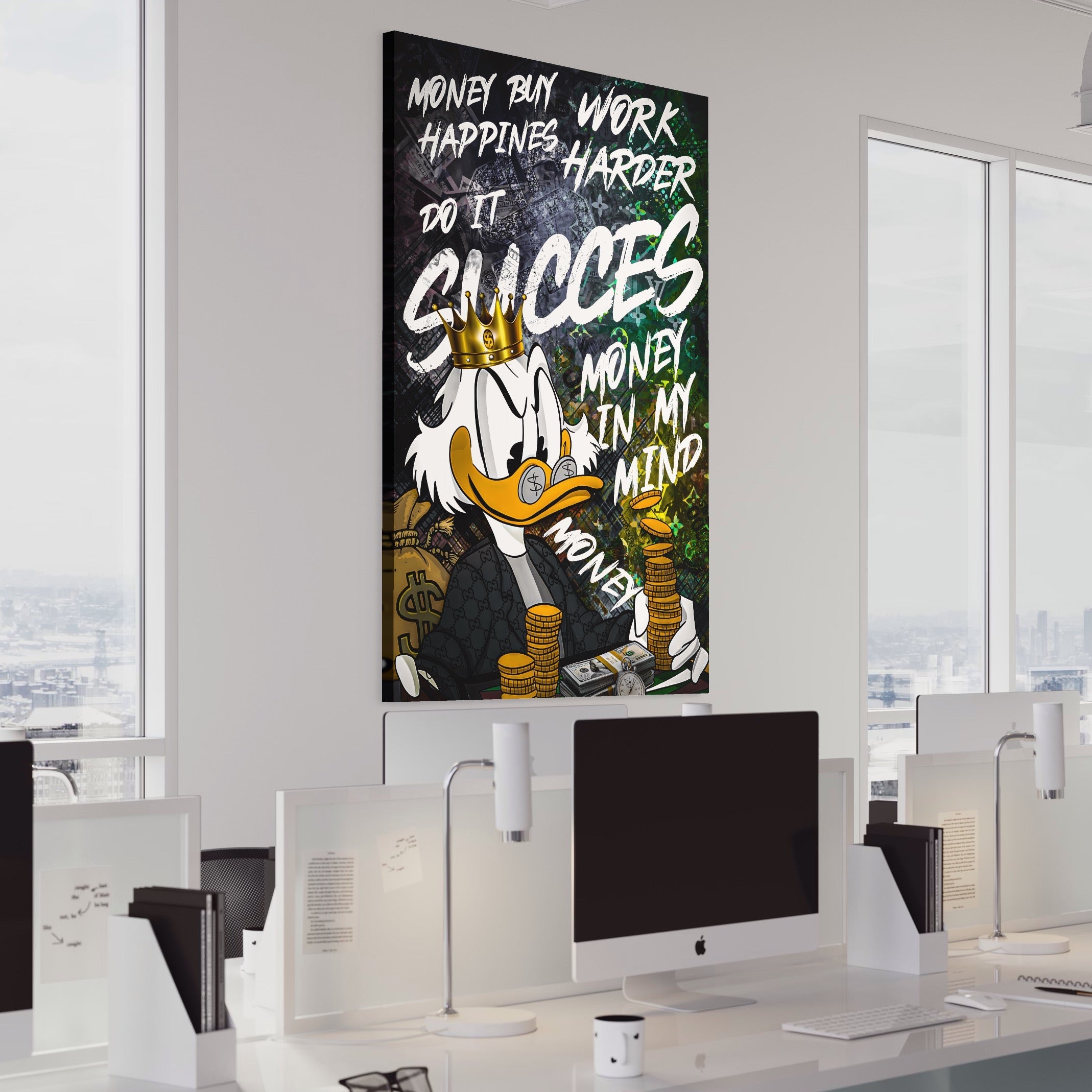 Tablou Canvas Premium LuxCanva® B1069, Work Harder , Decorativ, Birou, Donald, Bani, Succes, Dolari, Motivational, Colorat