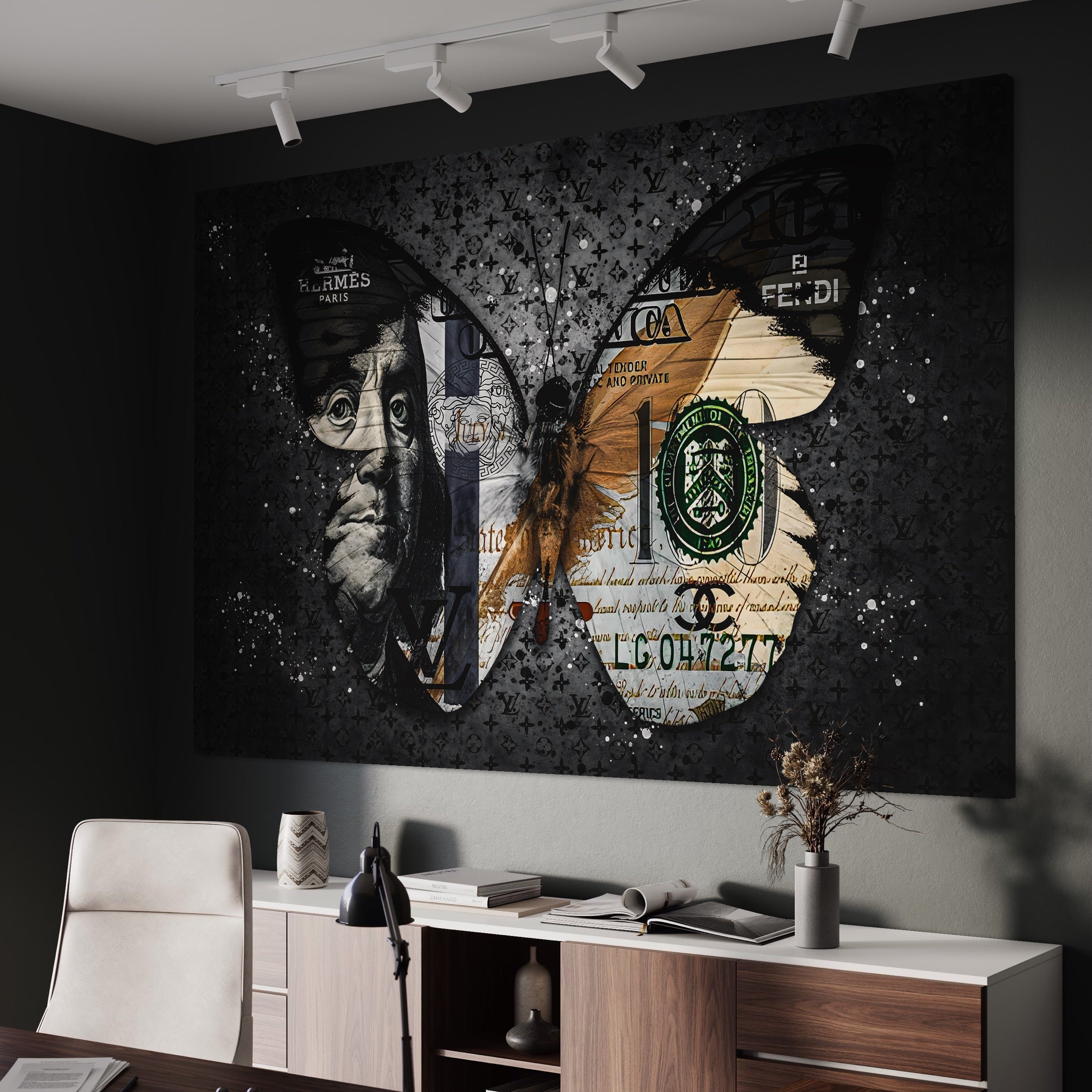 Tablou Canvas Premium LuxCanva® B1066, Fancy Butterfly , Decorativ, Fluture, Living, Fendi, Hermes, Dolar, Birou, Culori Vibrante