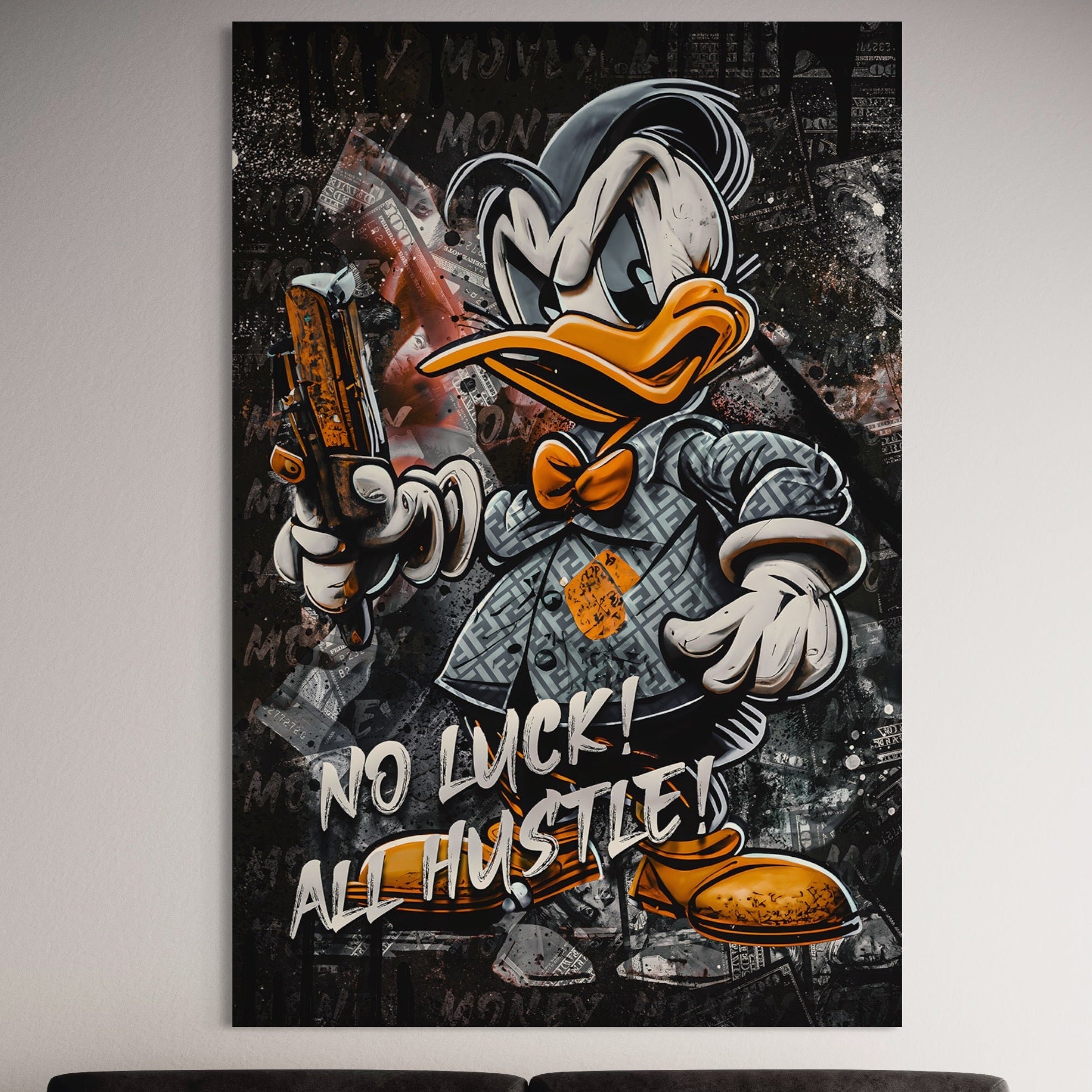 Tablou Canvas Premium LuxCanva® B1062, No Luck All Hustle , Decorativ, Living, Donald Duck, Birou, Bani, Colorat