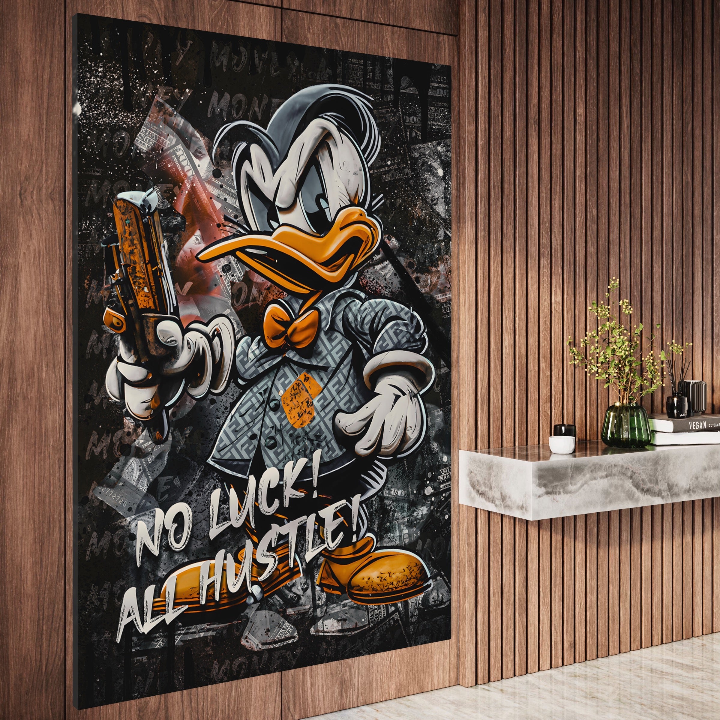 Tablou Canvas Premium LuxCanva® B1062, No Luck All Hustle , Decorativ, Living, Donald Duck, Birou, Bani, Colorat