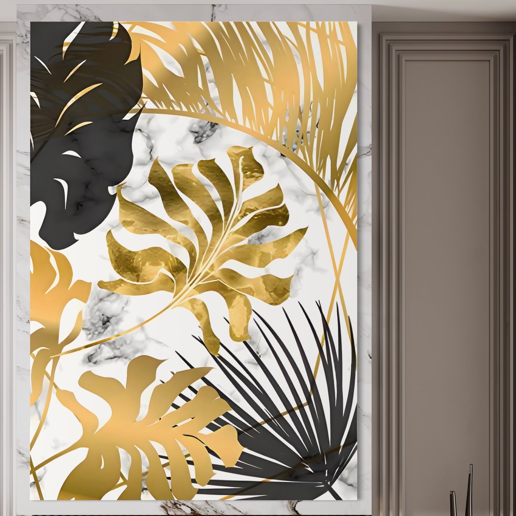 Tablou Canvas Premium LuxCanva® B1061, Golden Black Lief Plants , Decorativ, Living, Plante, Dormitor, Frunze, Liniste, Negru si Auriu