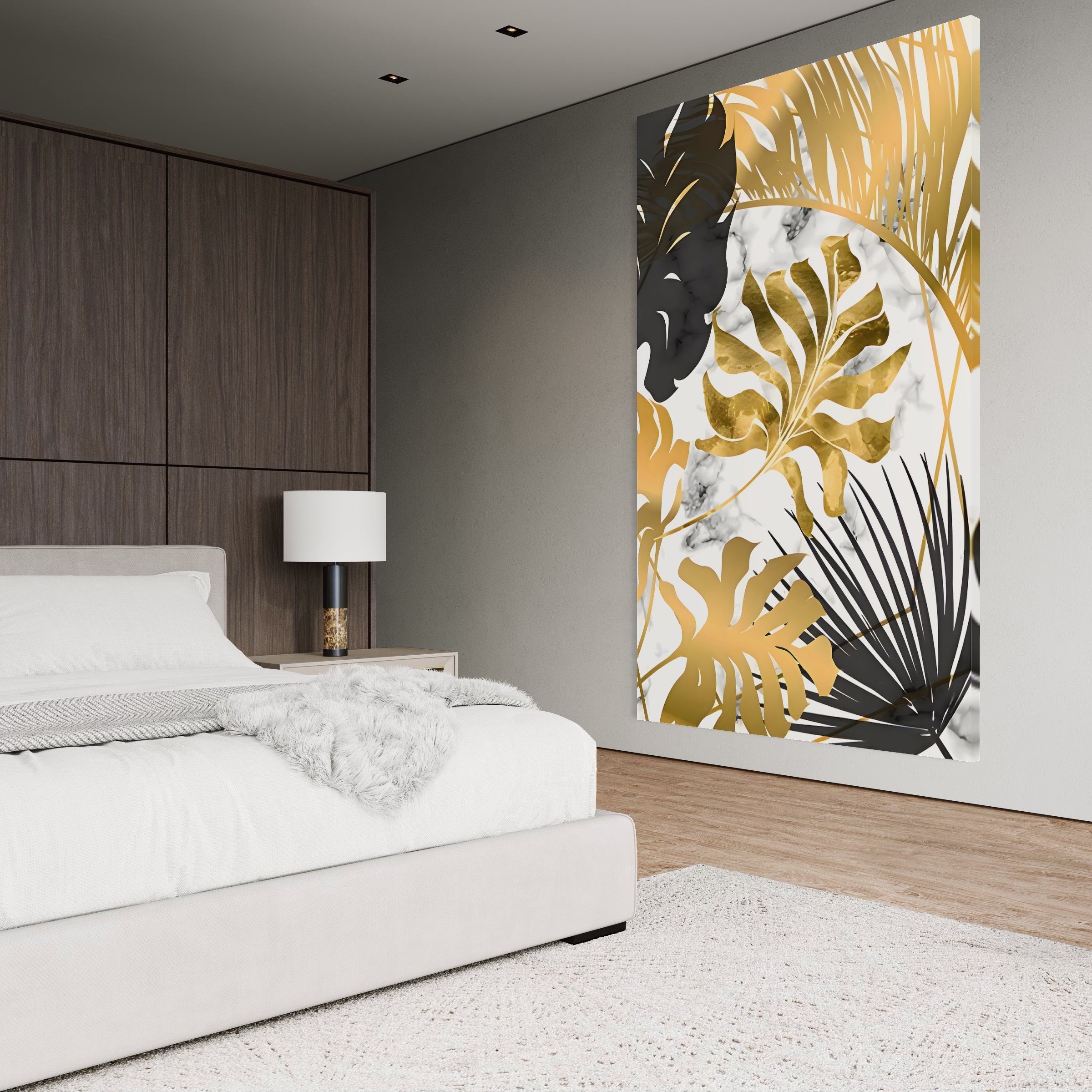 Tablou Canvas Premium LuxCanva® B1061, Golden Black Lief Plants , Decorativ, Living, Plante, Dormitor, Frunze, Liniste, Negru si Auriu