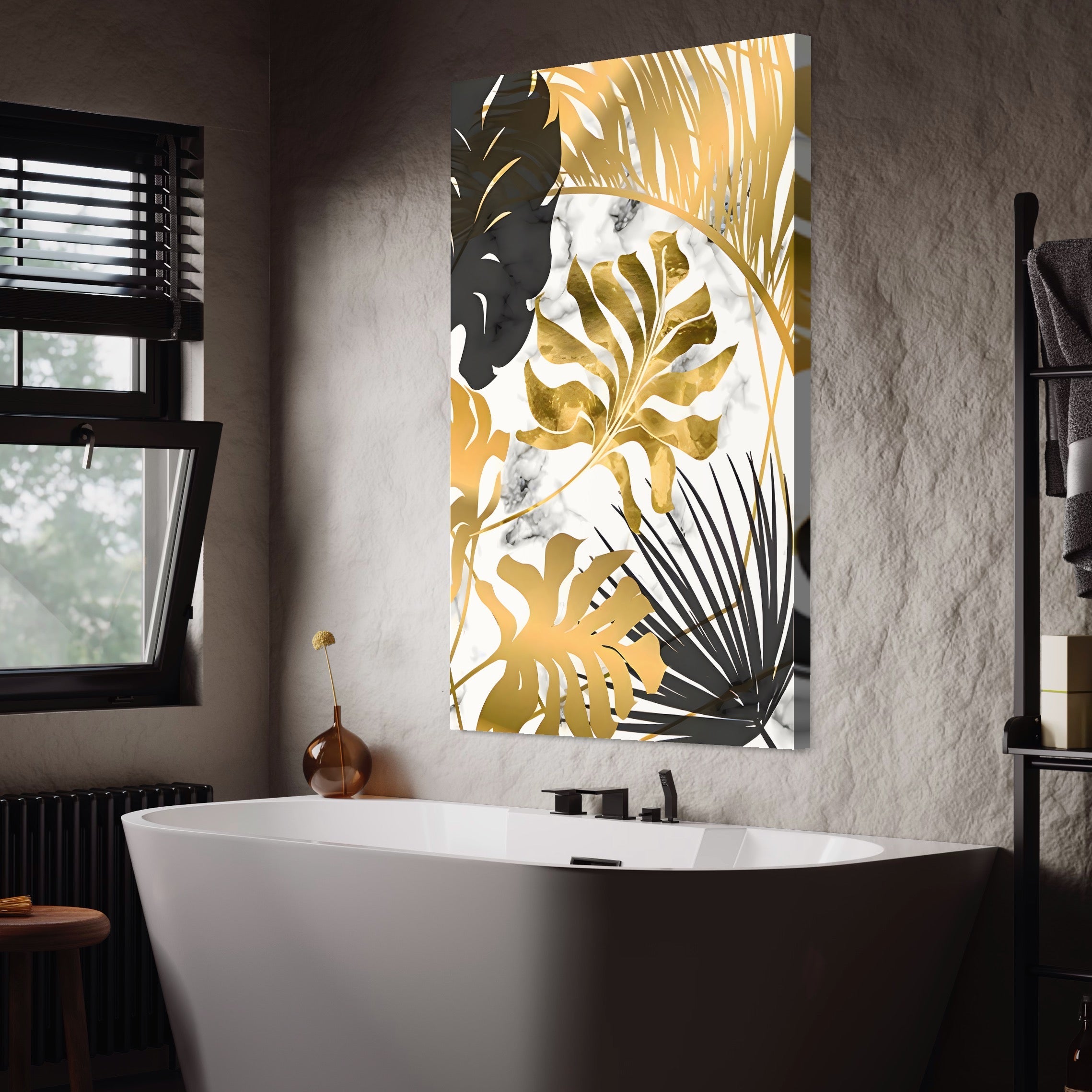 Tablou Canvas Premium LuxCanva® B1061, Golden Black Lief Plants , Decorativ, Living, Plante, Dormitor, Frunze, Liniste, Negru si Auriu