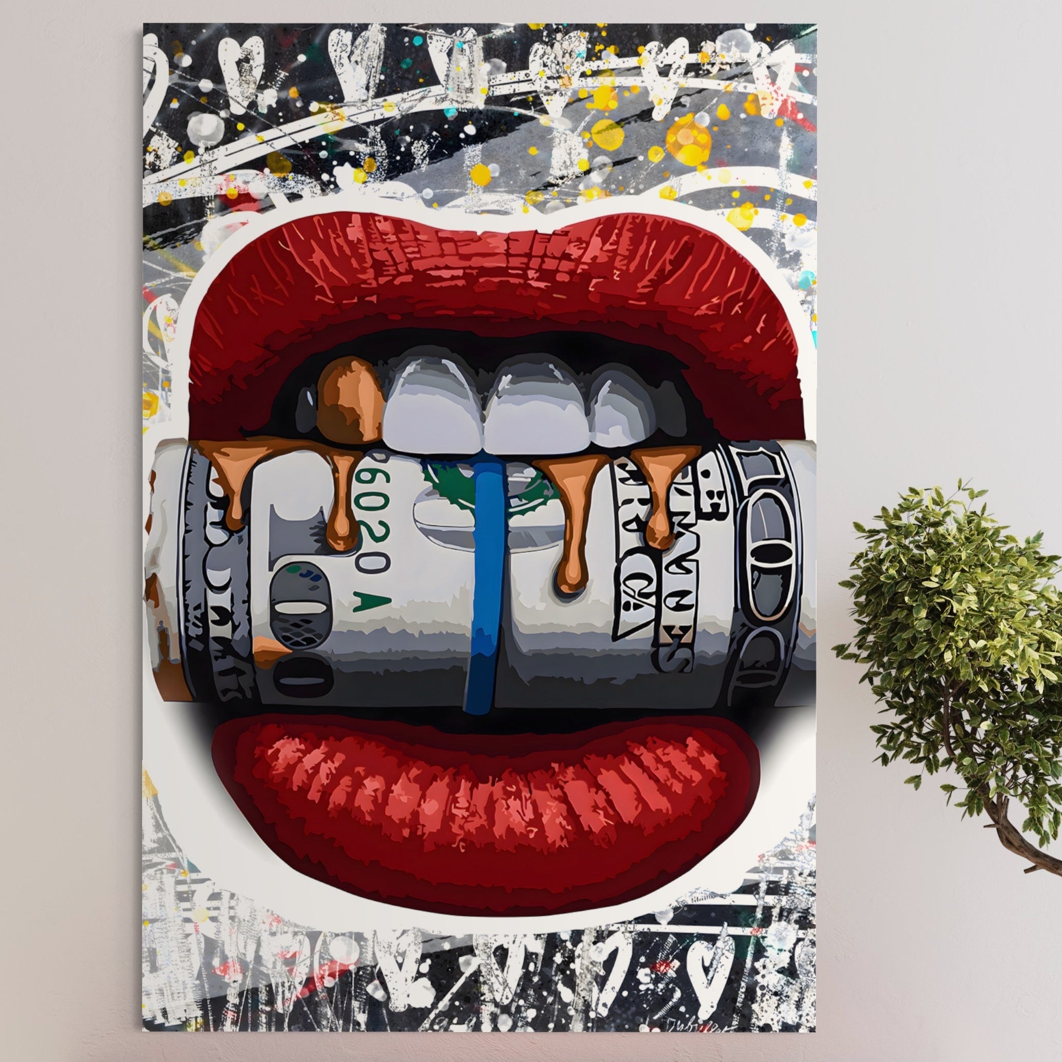 Tablou Canvas Premium LuxCanva® B1049, Dollar Lips , Living, Bani, Financiar, Buze, Rosu, Colorat, Culori Vibrante