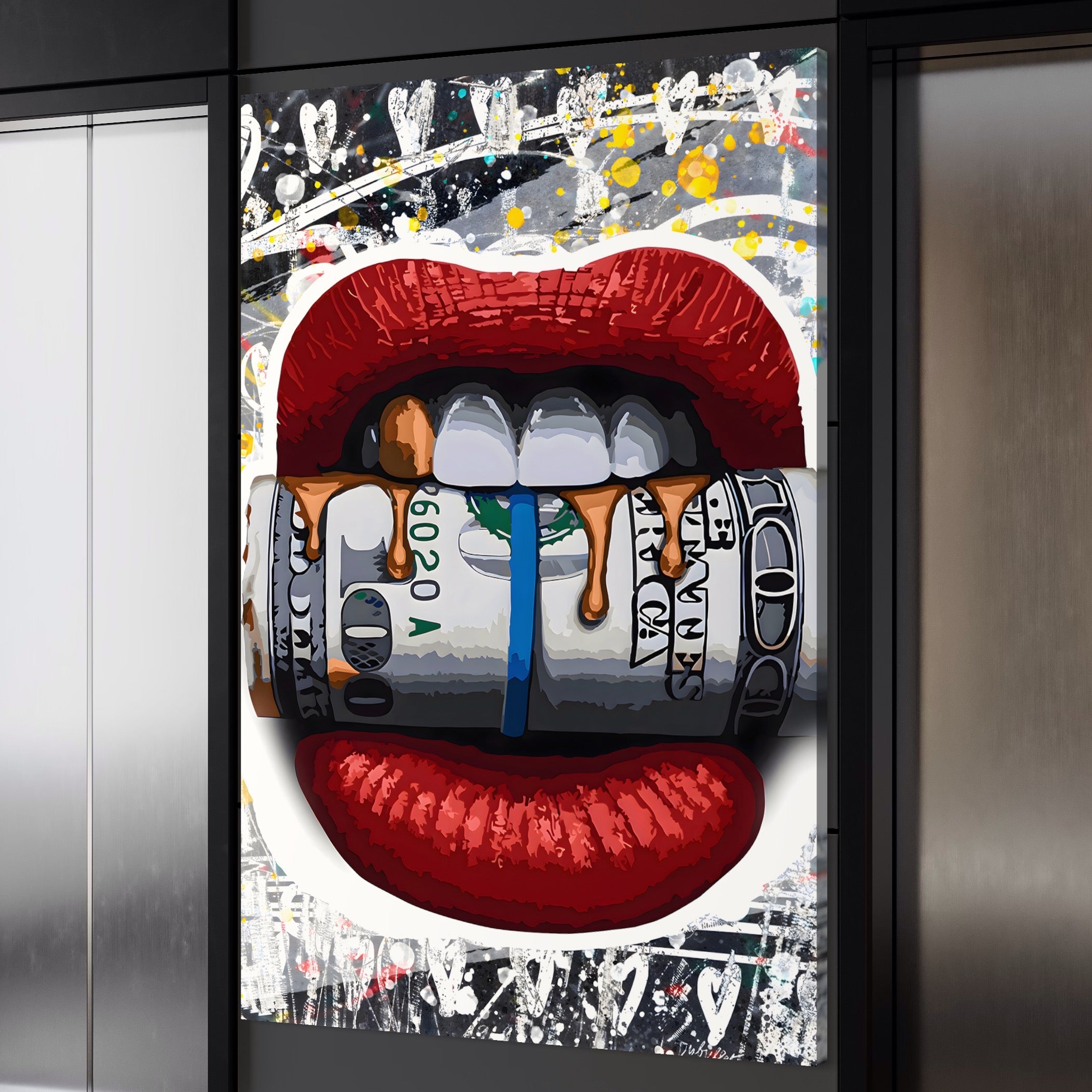 Tablou Canvas Premium LuxCanva® B1049, Dollar Lips , Living, Bani, Financiar, Buze, Rosu, Colorat, Culori Vibrante