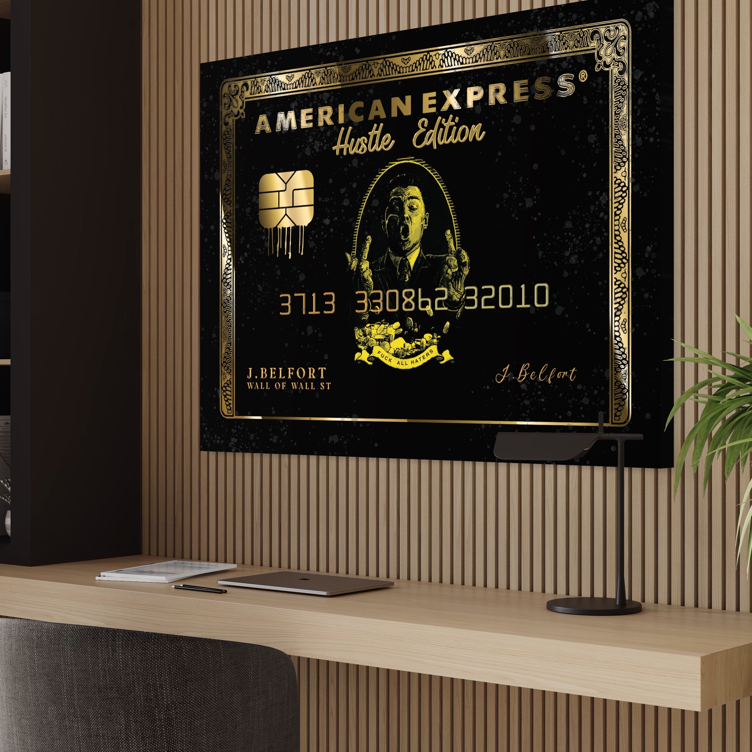 Tablou Canvas Premium LuxCanva® B1039, Hustle Edition , Decorativ, DiCaprio, Money, Wall Street, Auriu