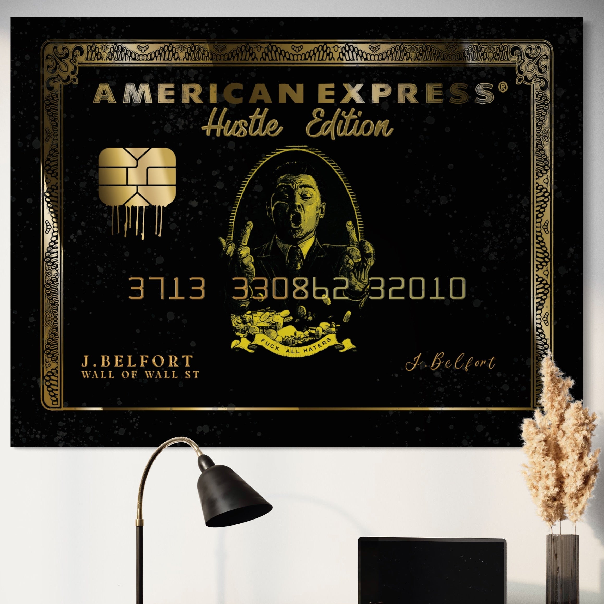 Tablou Canvas Premium LuxCanva® B1039, Hustle Edition , Decorativ, DiCaprio, Money, Wall Street, Auriu