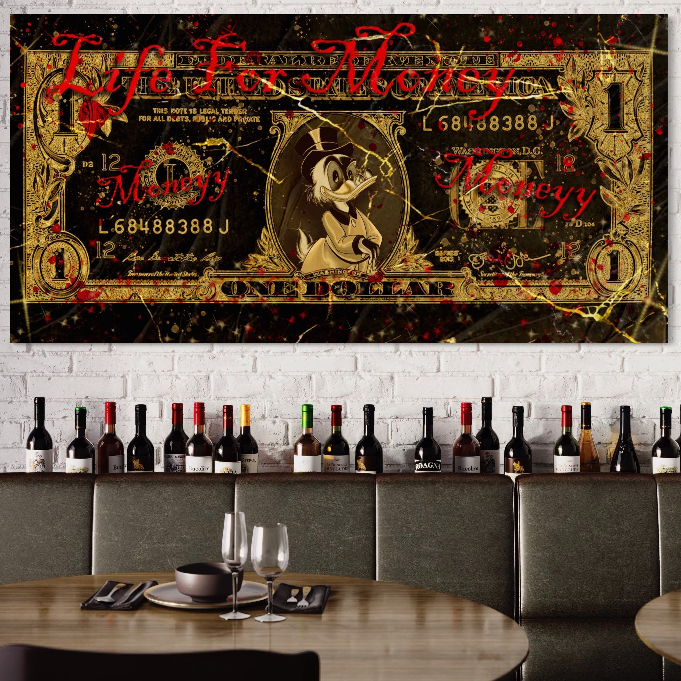 Tablou Canvas Premium LuxCanva® B1032, Life For Money , Decorativ, Donald Duck, Bani, Dolari, Motivational, Culori Vibrante