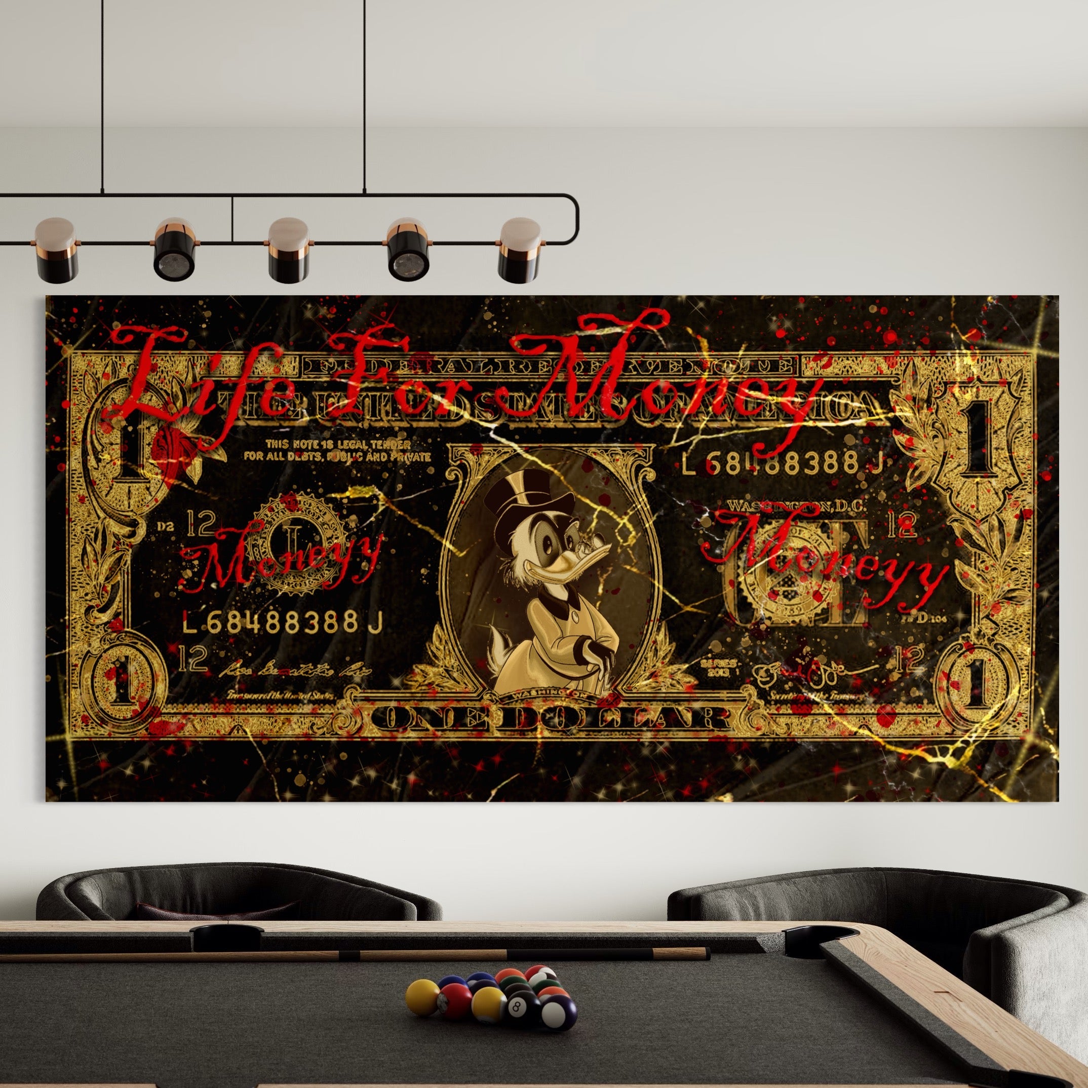 Tablou Canvas Premium LuxCanva® B1032, Life For Money , Decorativ, Donald Duck, Bani, Dolari, Motivational, Culori Vibrante