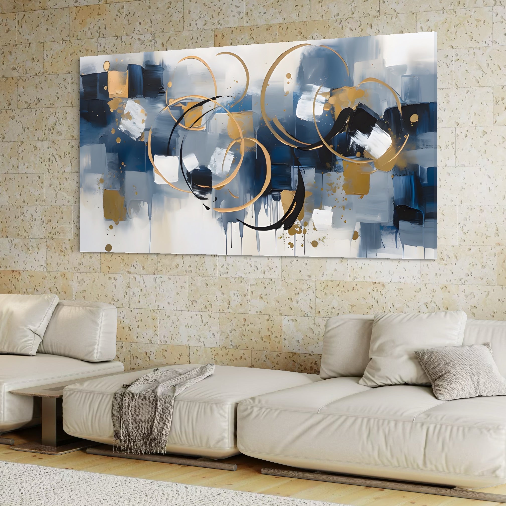 Tablou Canvas Premium LuxCanva® C1243 WhIte Gold And Blue Painting , Relaxare, Living Room, Culori Vibrante