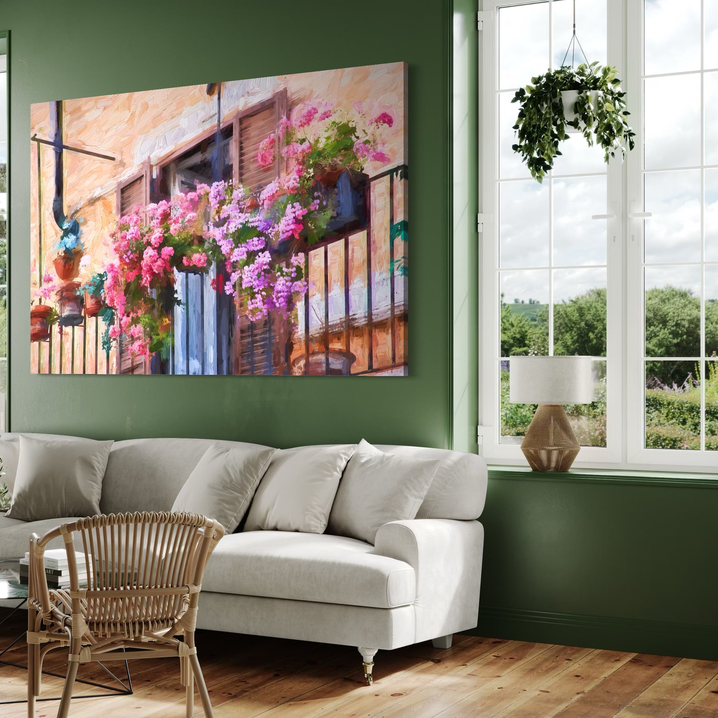 Tablou Canvas Premium LuxCanva® C1005, Balcon Cu Flori , Living, Strada, Vacanta, Flori, Balcon, Culori Vibrante