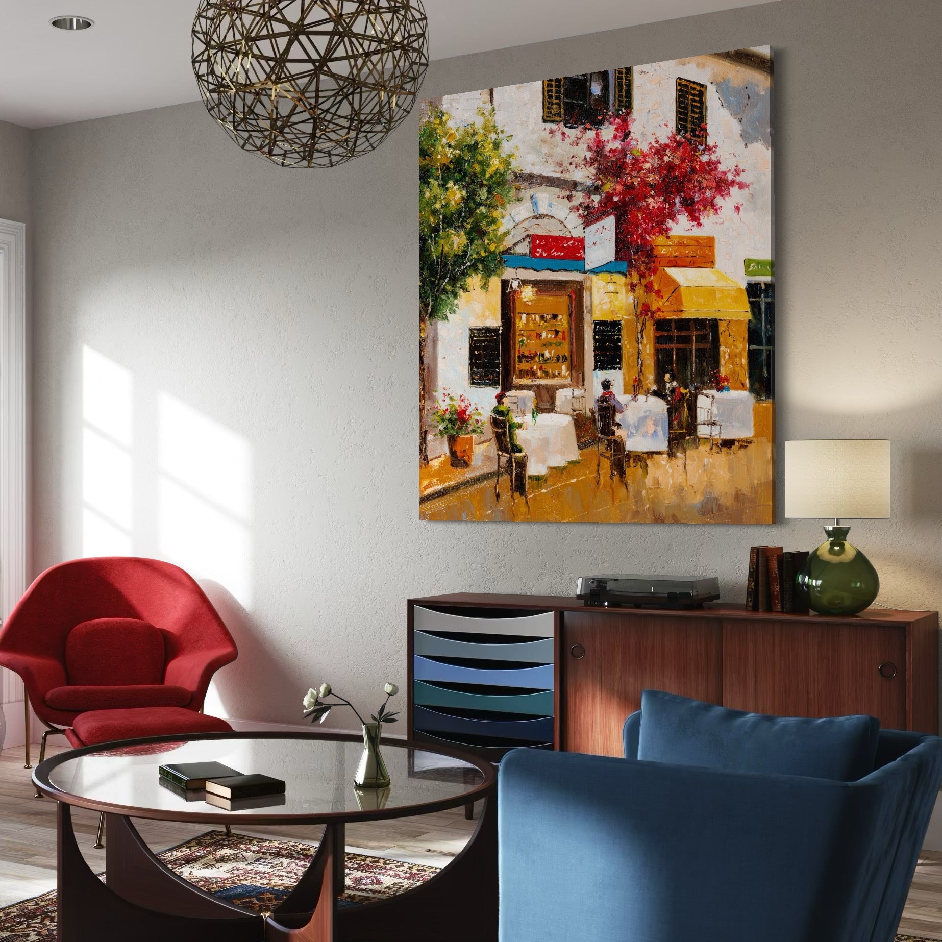 Tablou Canvas Premium LuxCanva® C1006, Terasa , Living, Strada, Vacanta, Cafea, Primavara, Relaxare, Culori Vibrante