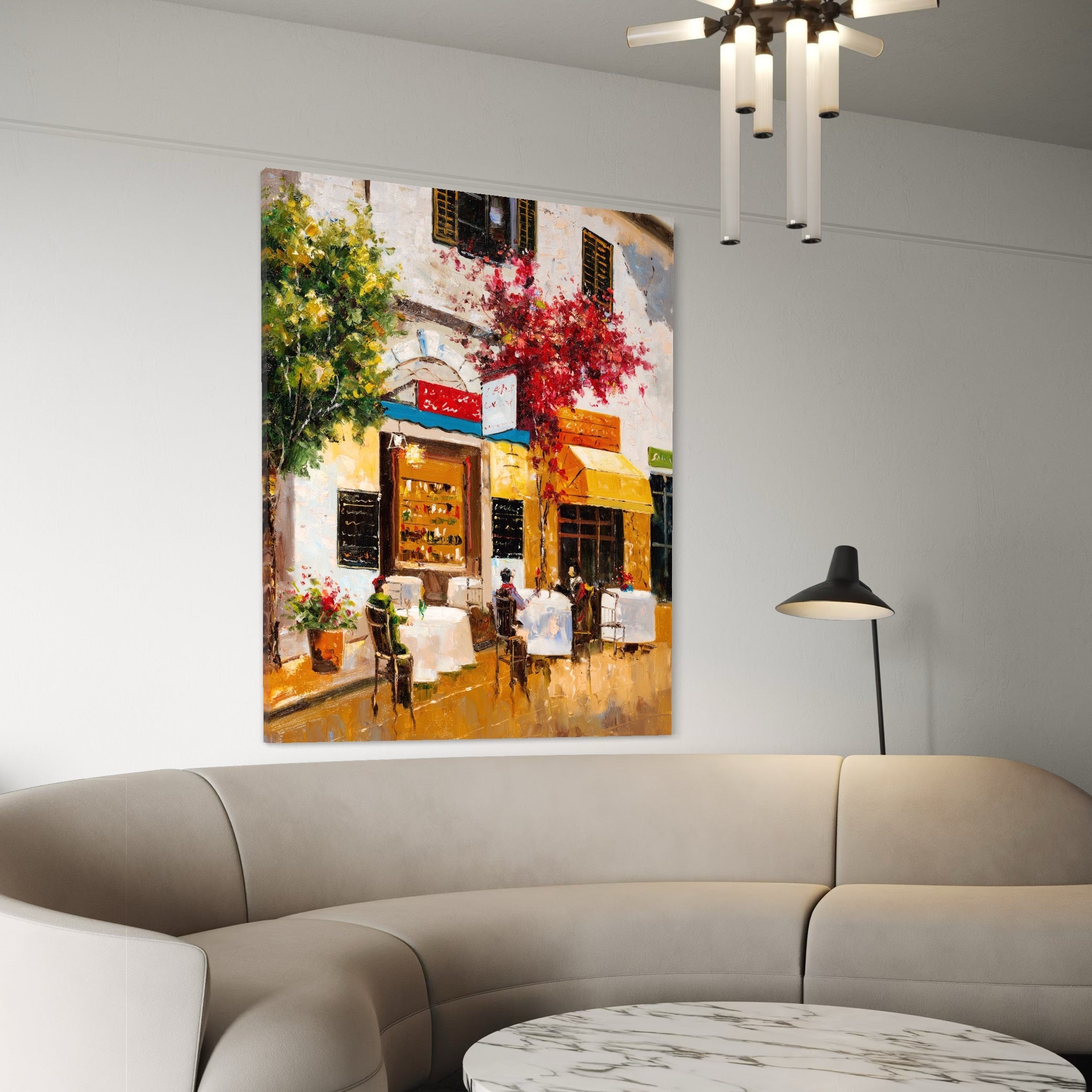 Tablou Canvas Premium LuxCanva® C1006, Terasa , Living, Strada, Vacanta, Cafea, Primavara, Relaxare, Culori Vibrante