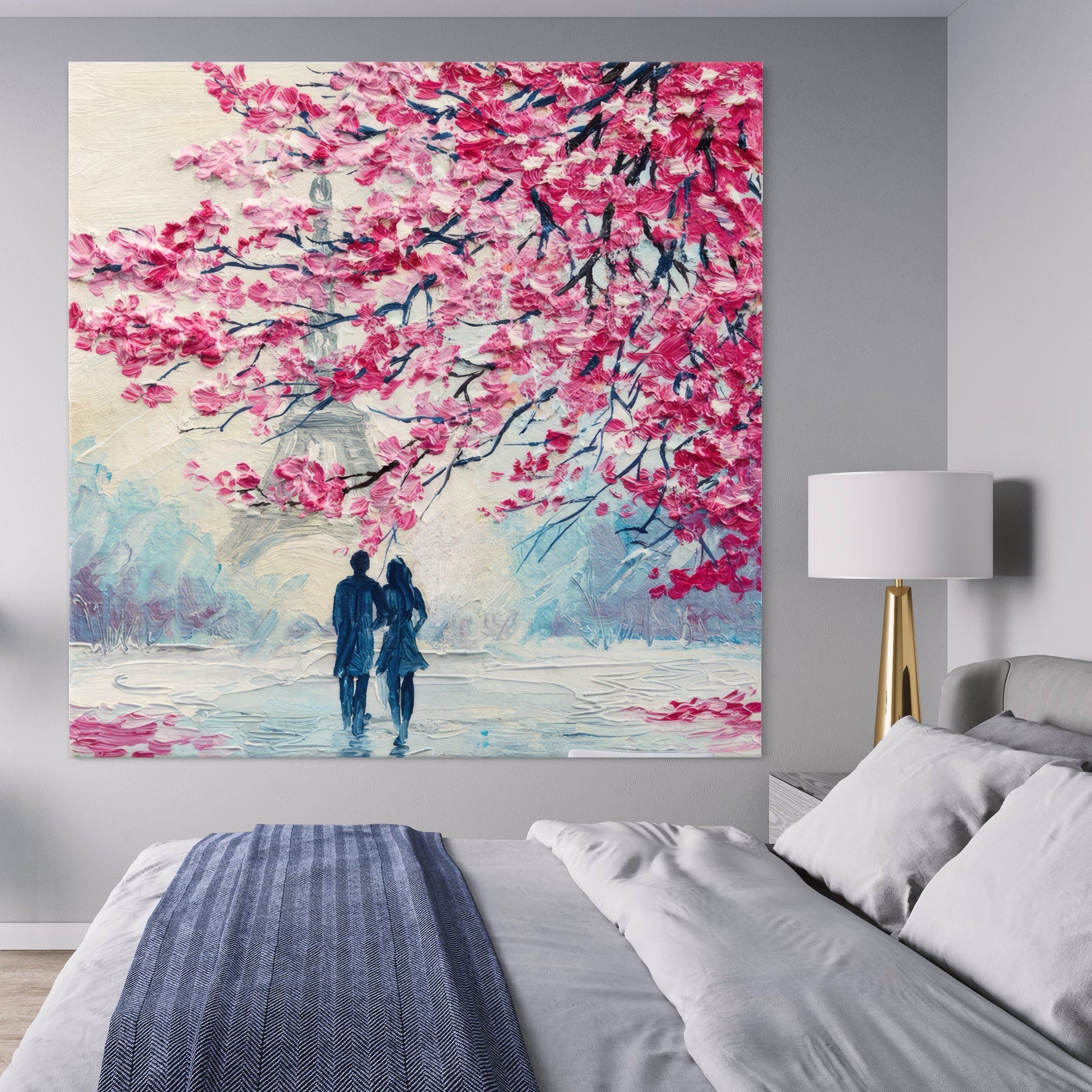 Tablou Canvas Premium LuxCanva® A1347, Pink Tree , Studio, Cuplu, Romantic, Turnul Eiffel, Iubire, Culori Vibrante