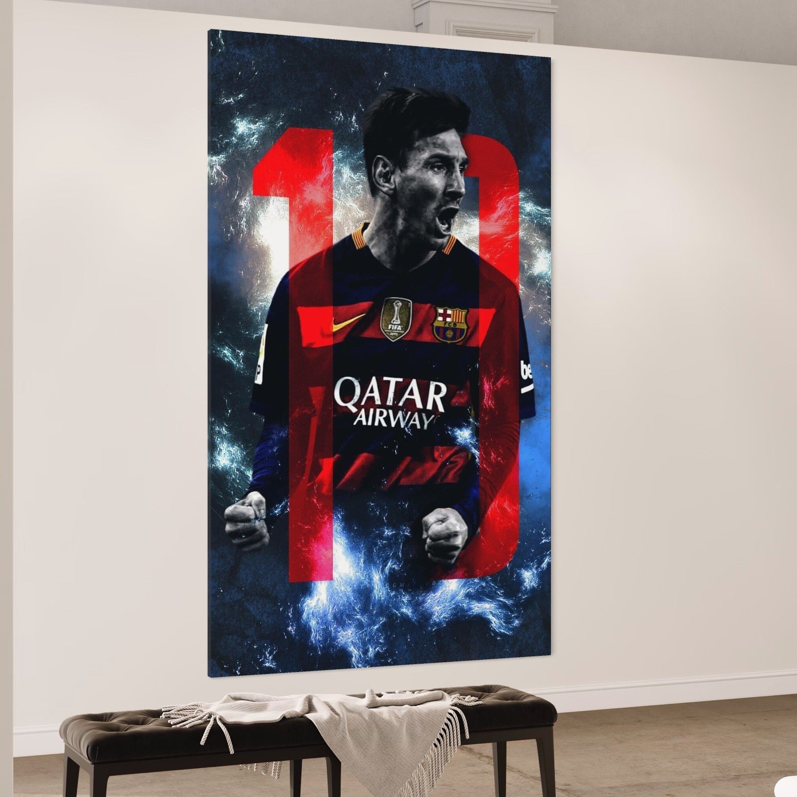 Tablou Canvas Premium LuxCanva® A1343, Messi Nr.10 ,  Living, Fotbalist, Balonul De Aur, Sportiv, Game Room, Culori Vibrante