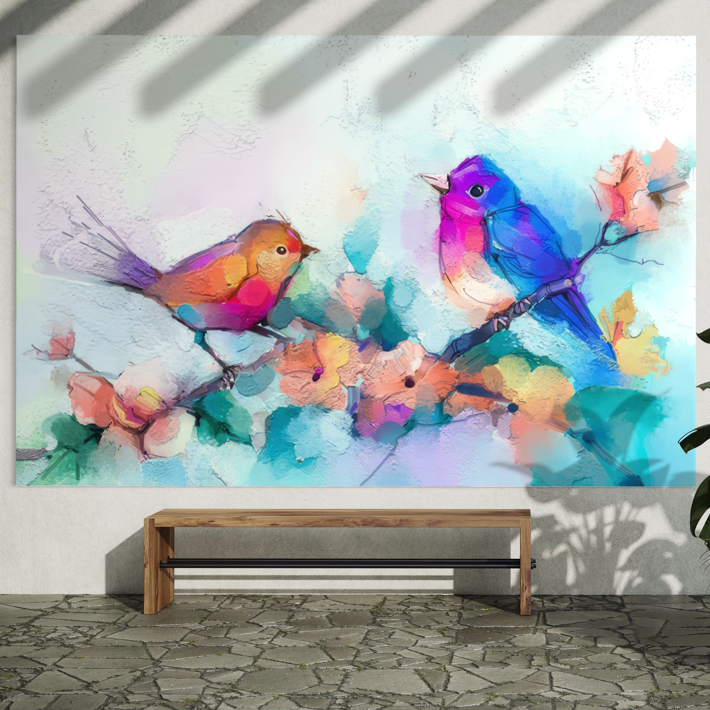 Tablou Canvas Premium LuxCanva® A1335, Two Birds ,  Living, Pasari, Flori, Multicolor, Dormitor, Culori Vibrante